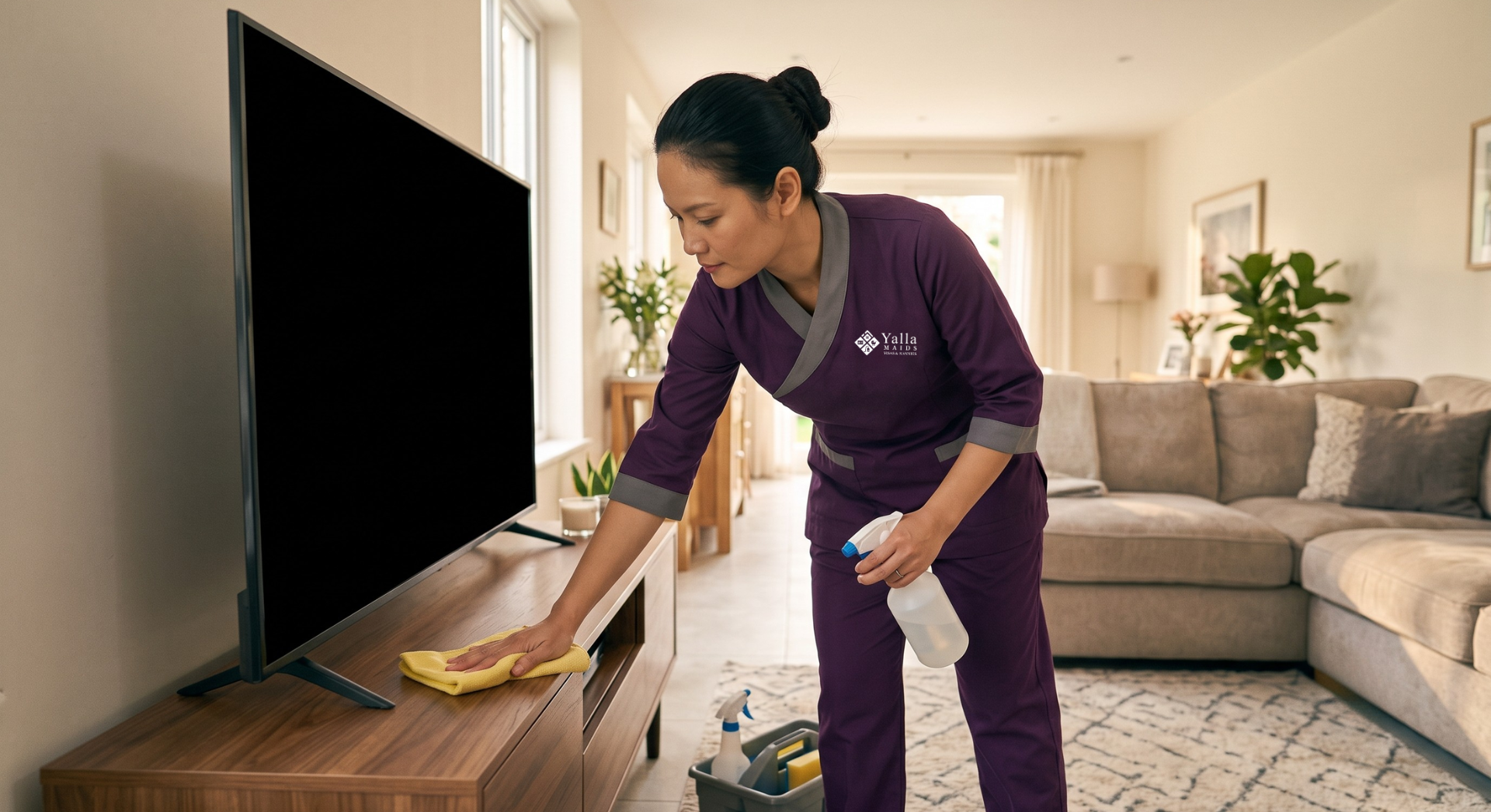 Housemaid visa in Abu Dhabi: Yalla Maids domestic worker cleaning a living room.