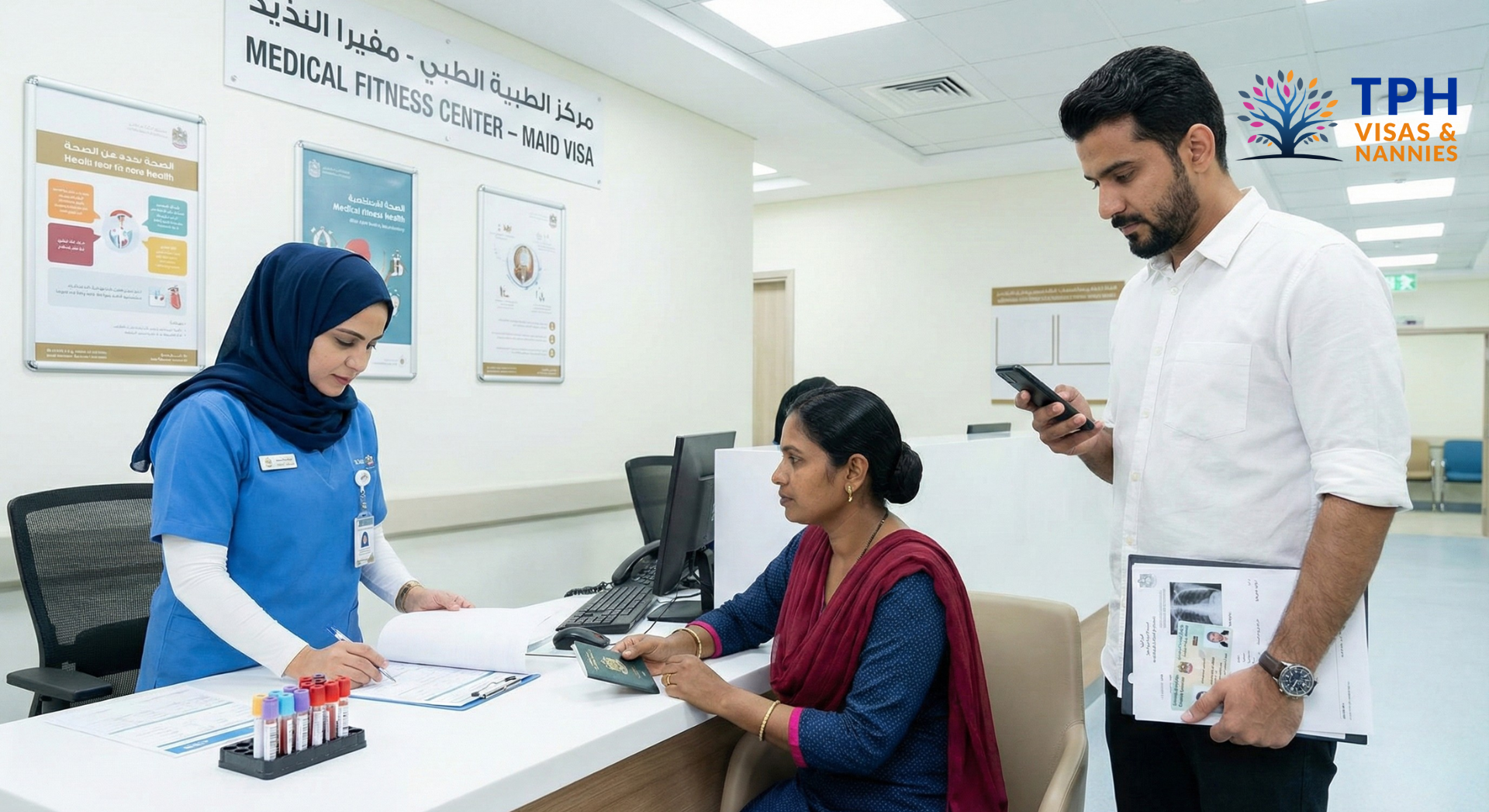 Medical fitness test for maid visa in Dubai with sponsor and domestic worker at a government center.