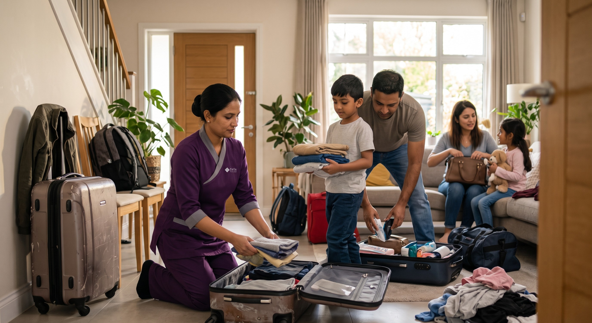 Live-out maid helping a Dubai family unpack and organise after summer travel.