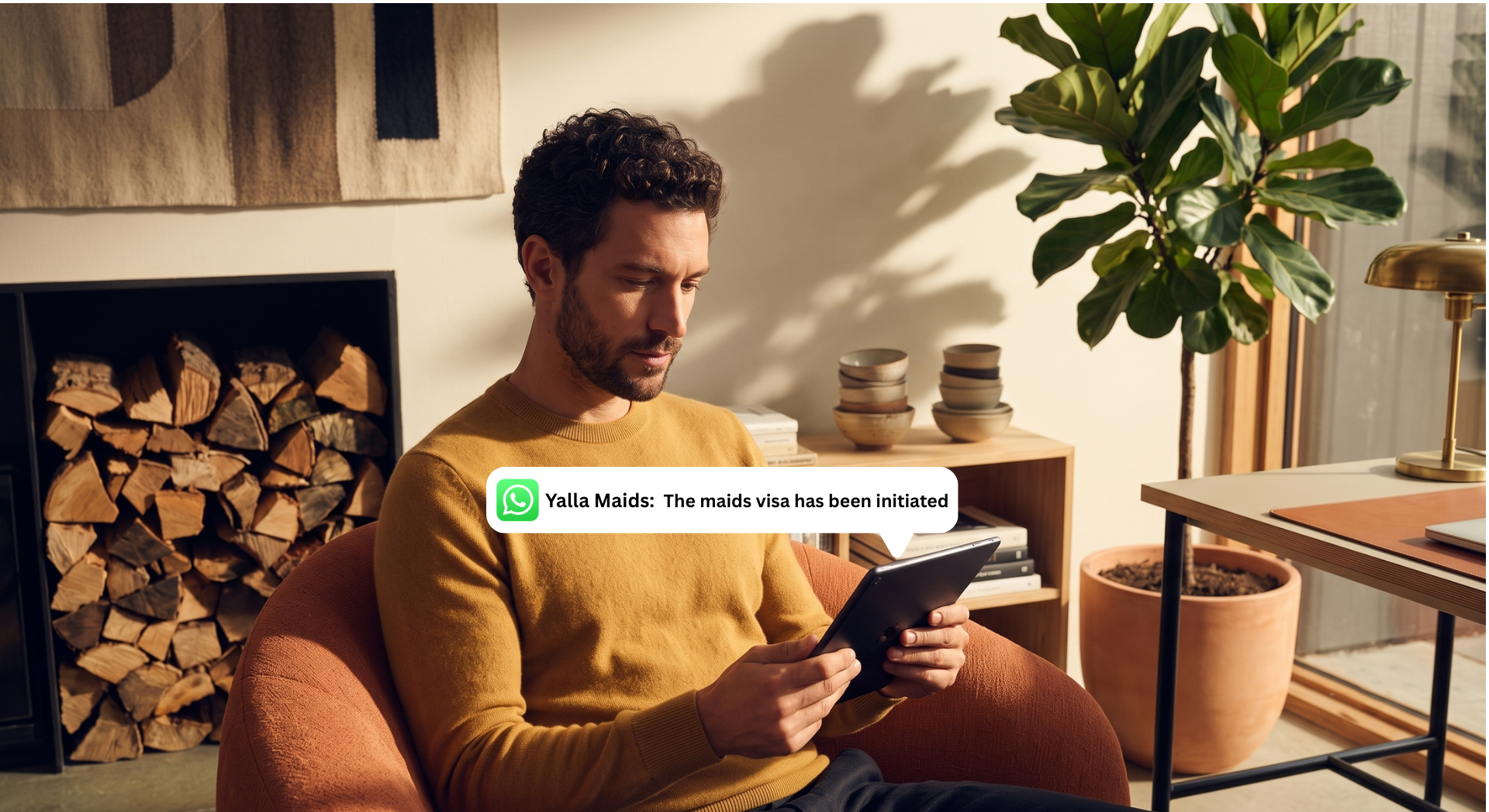 Person completing a maid visa Dubai application online on a tablet with a Yalla Maids WhatsApp visa update.