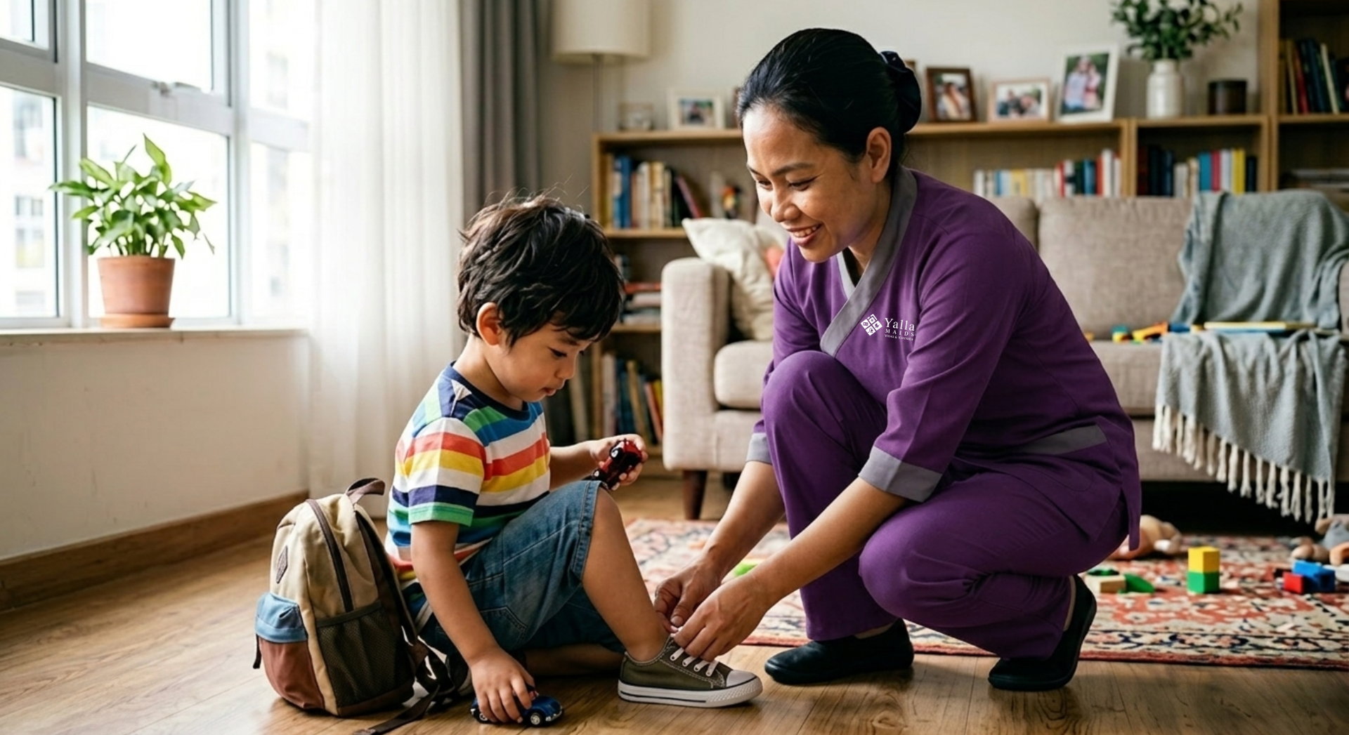 Nanny visa in Abu Dhabi with nanny helping a child