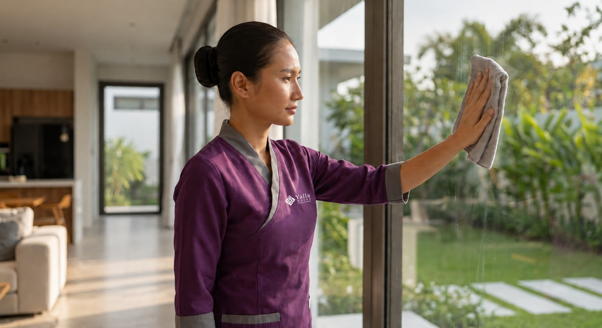 Maid in Dubai arranging flowers in a luxury home interior.