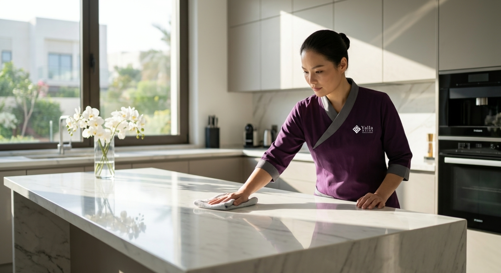 Maid visa service worker cleaning a kitchen in Dubai.