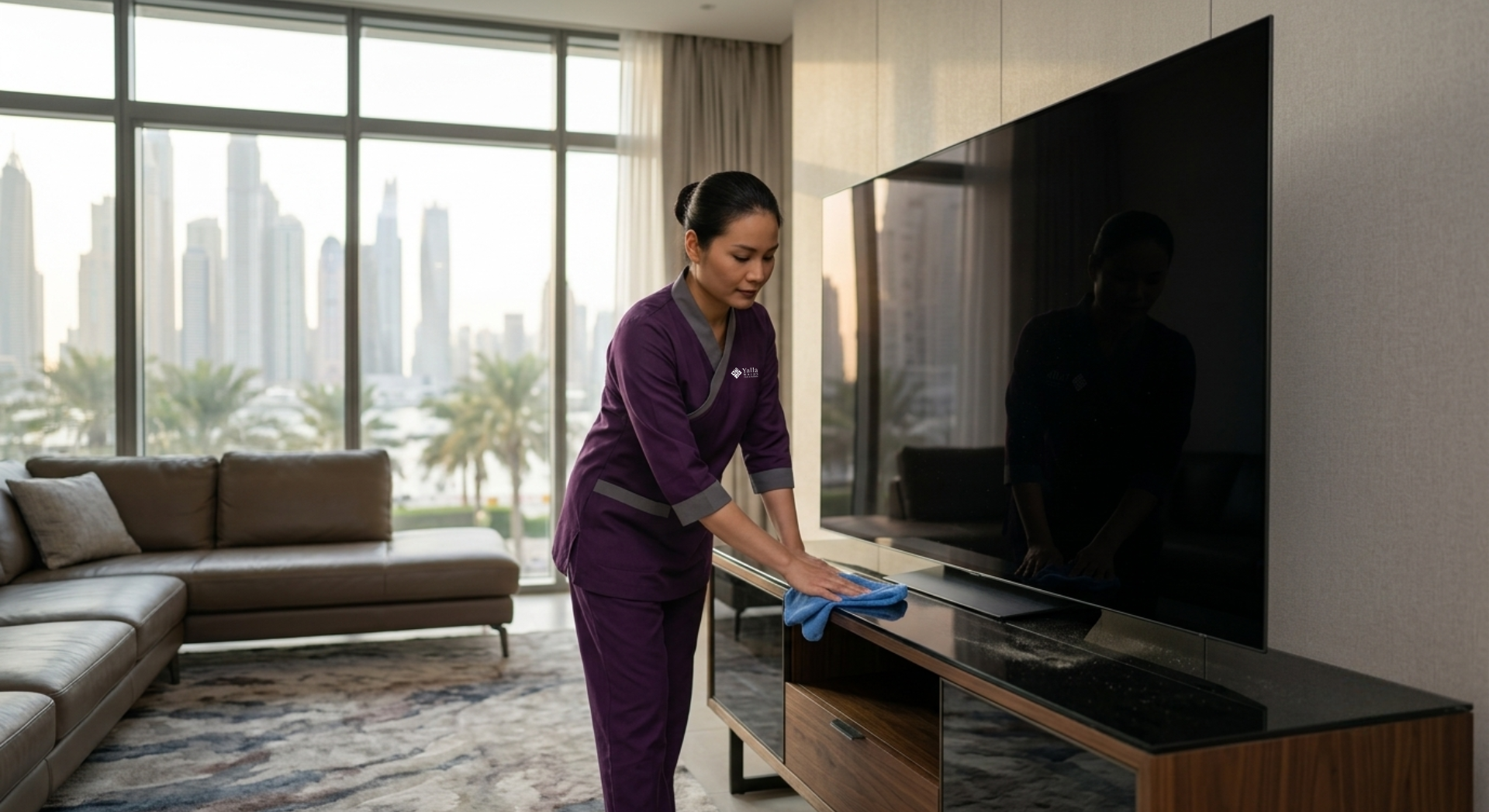 Maid visa worker cleaning a modern Dubai apartment.