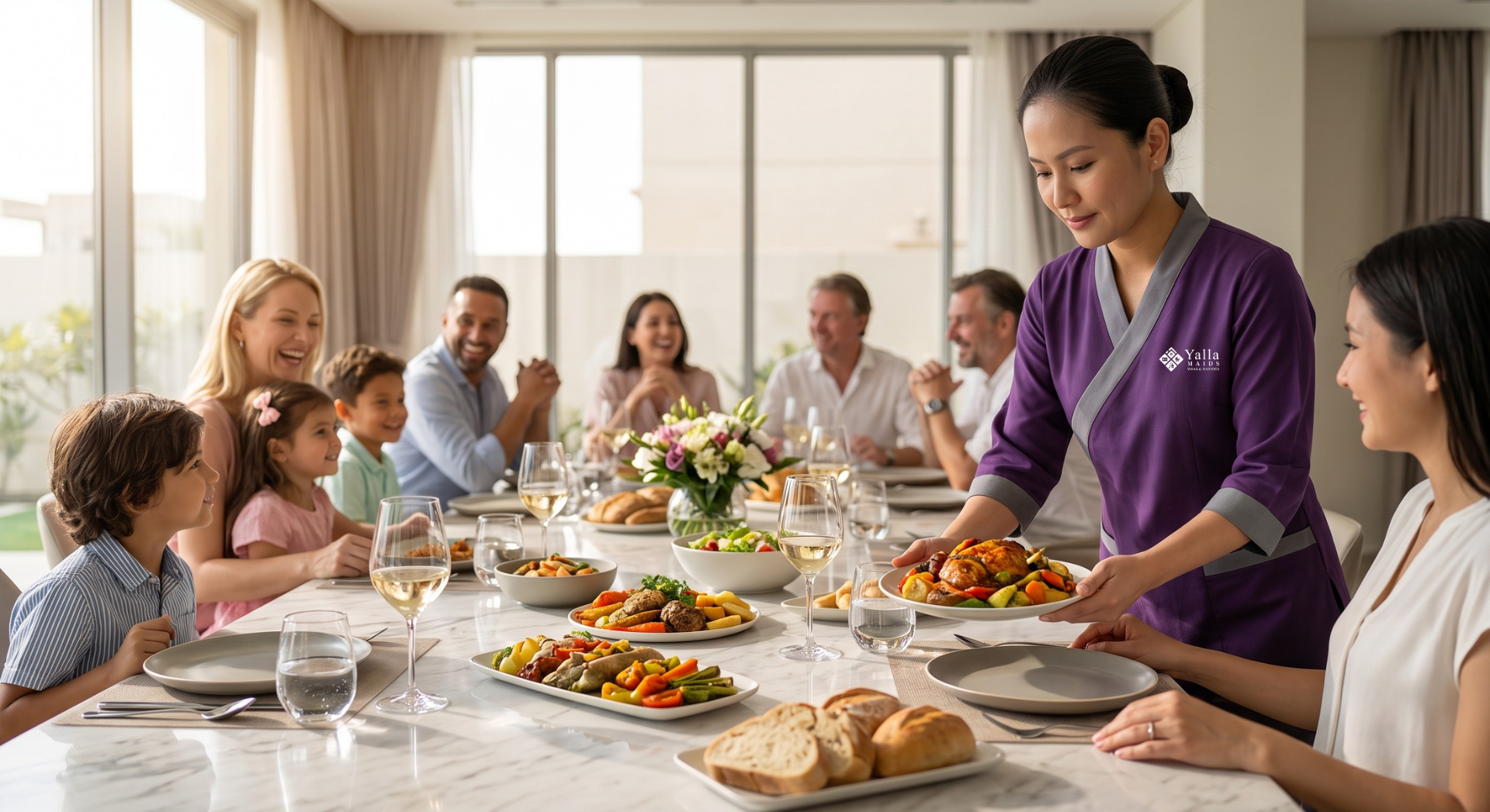 Maid visa service serving a family dinner in Dubai.