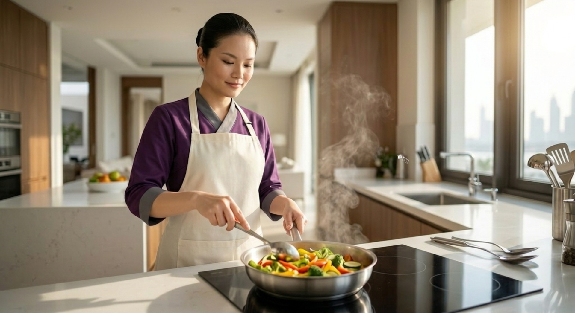 Full time maid Dubai preparing a healthy meal in a modern kitchen