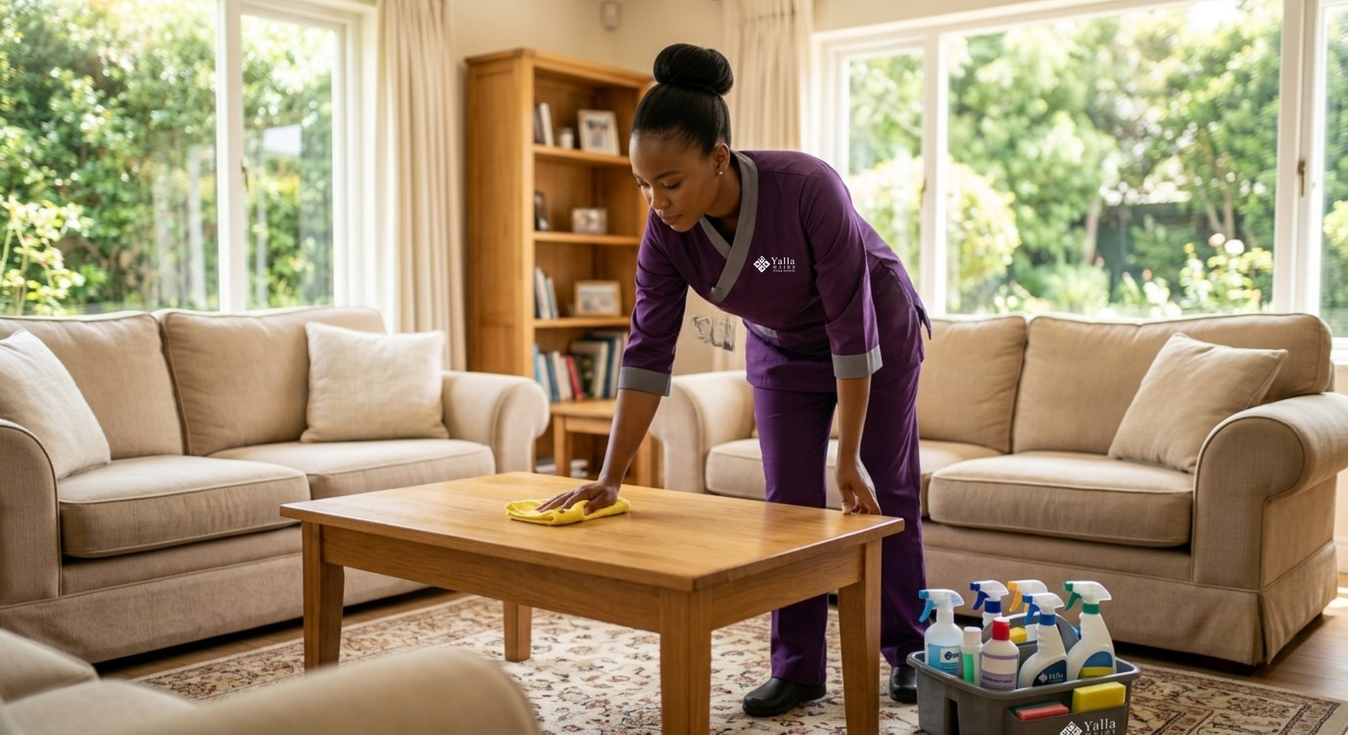 Full time maid in Dubai cleaning a living room.