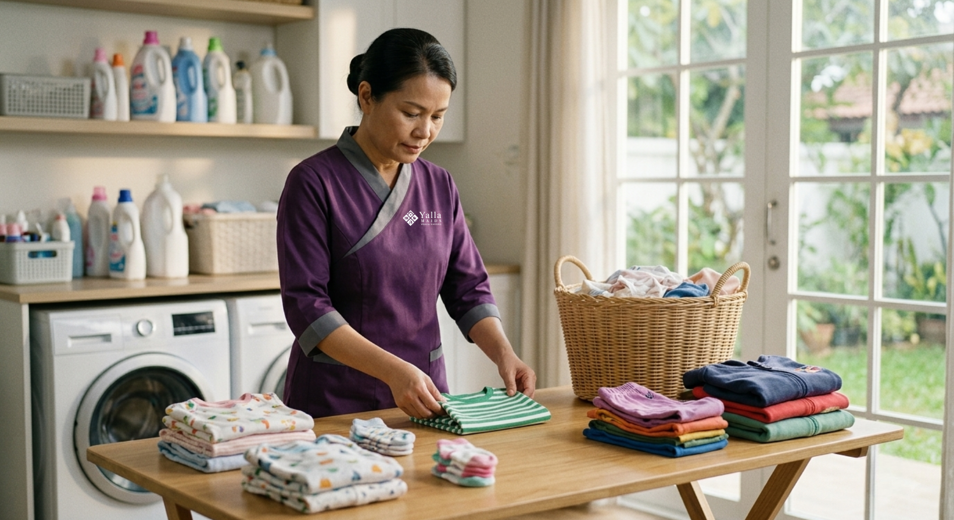 Maid in a home laundry area folding clothes, representing a nanny visa role.