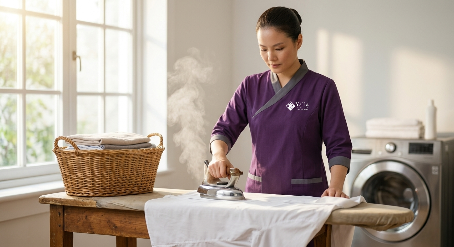 Maid visa cancellation in Dubai with a professional maid ironing clothes.