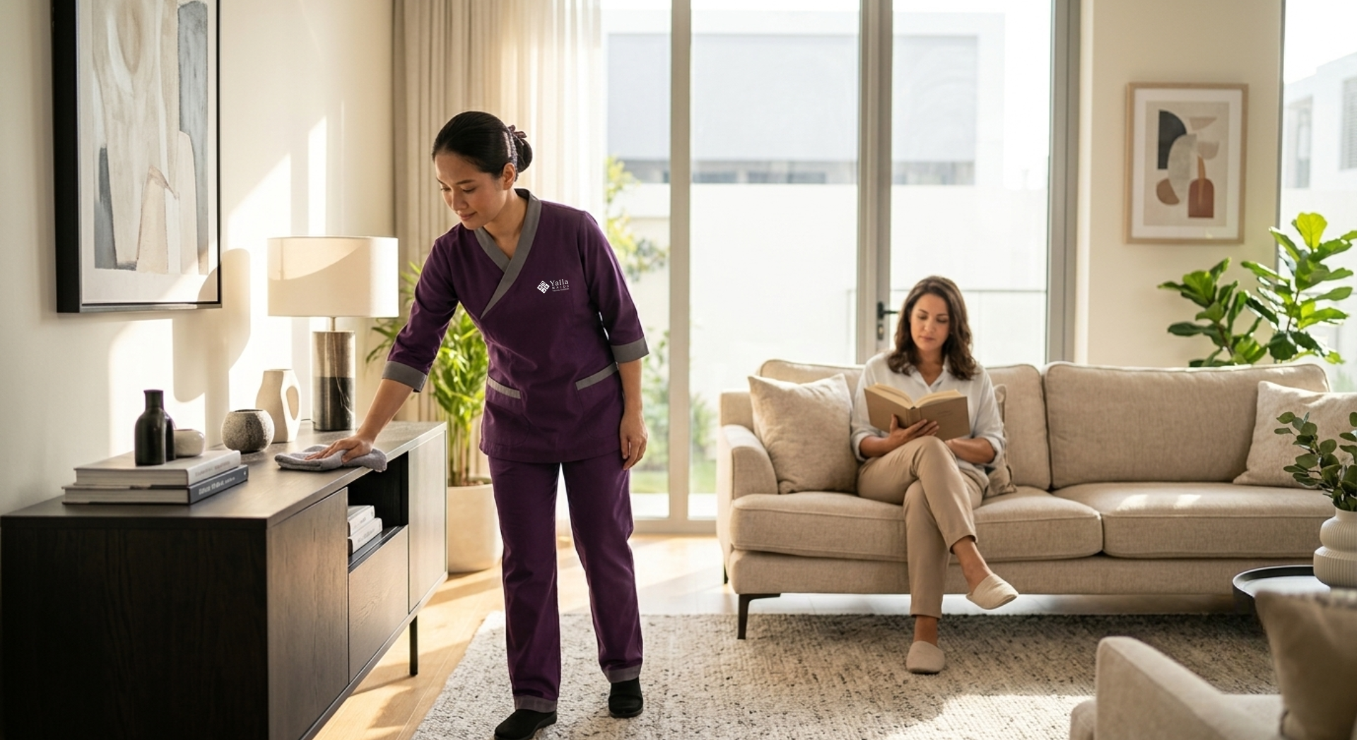 Maid visa service assisting with home cleaning while a resident relaxes in a bright living room.