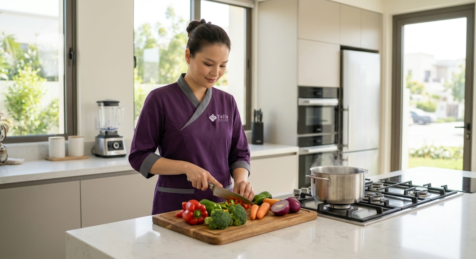 Maid visa renewal service in Dubai with a maid preparing vegetables in a modern kitchen.