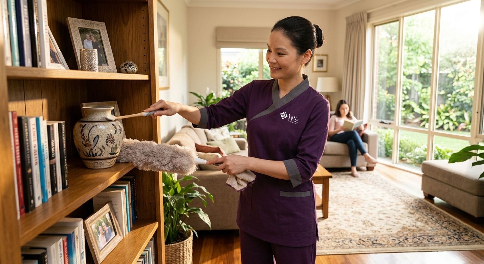 Maid visa worker dusting a bookshelf in a bright home.