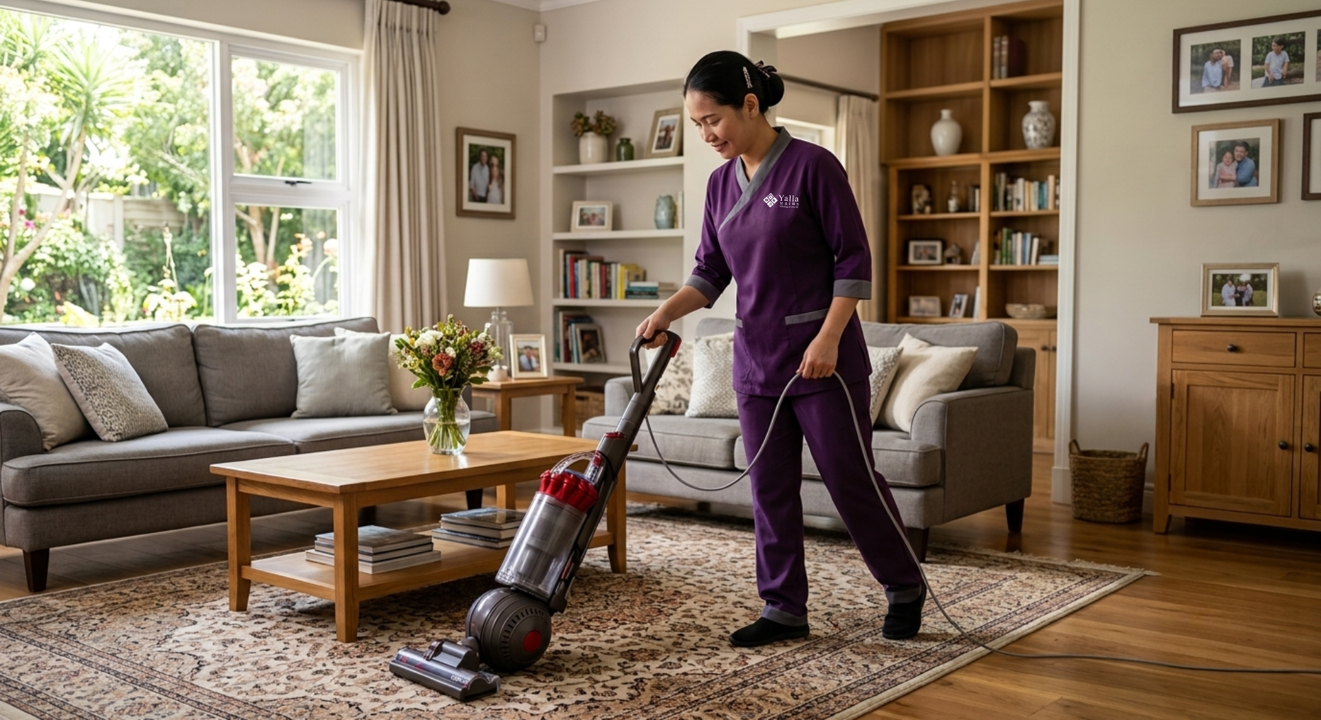 Maid Visa Abu Dhabi renewal with a maid cleaning a living room.
