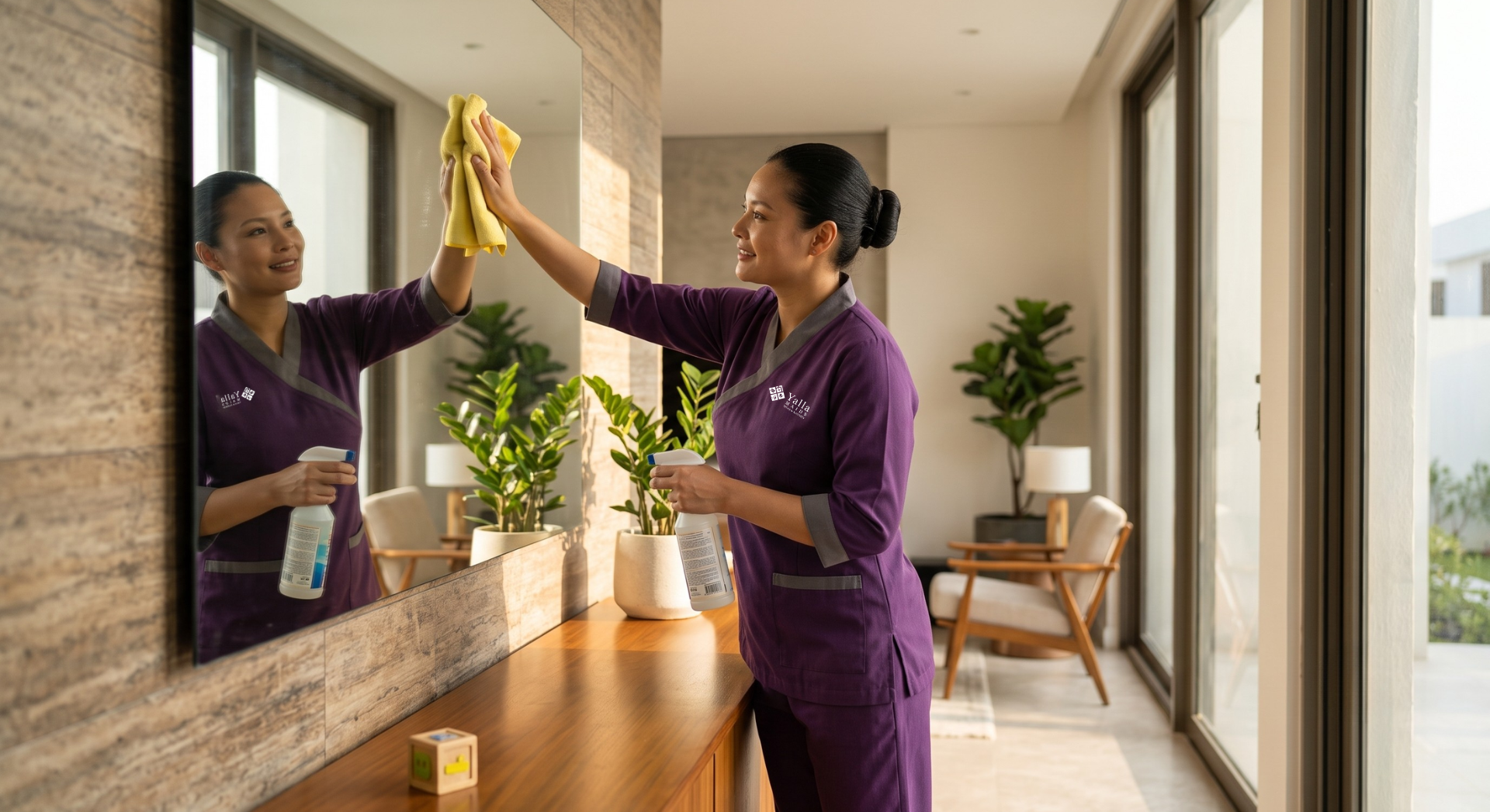 Maid visa UAE: Domestic worker cleaning a mirror in a modern home.