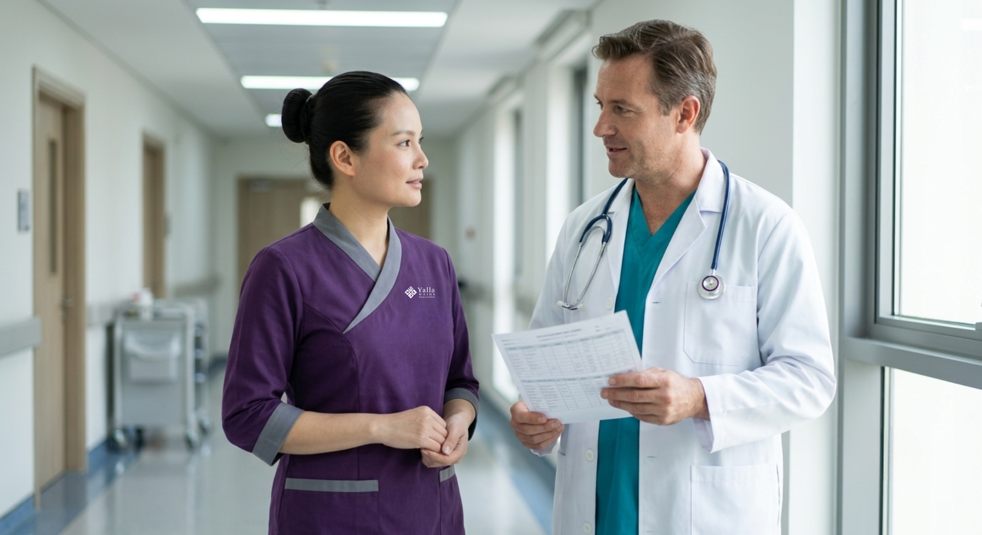 Maid visa in UAE medical fitness test with doctor and domestic worker.