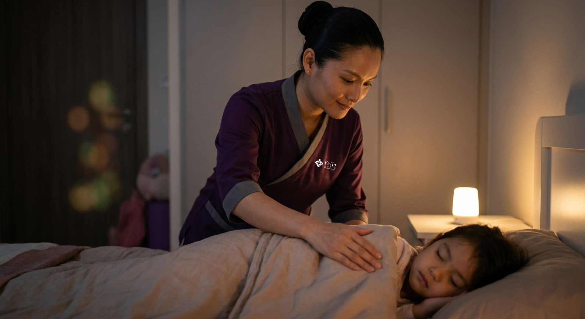 Nanny in Dubai caring for a sleeping child at night.