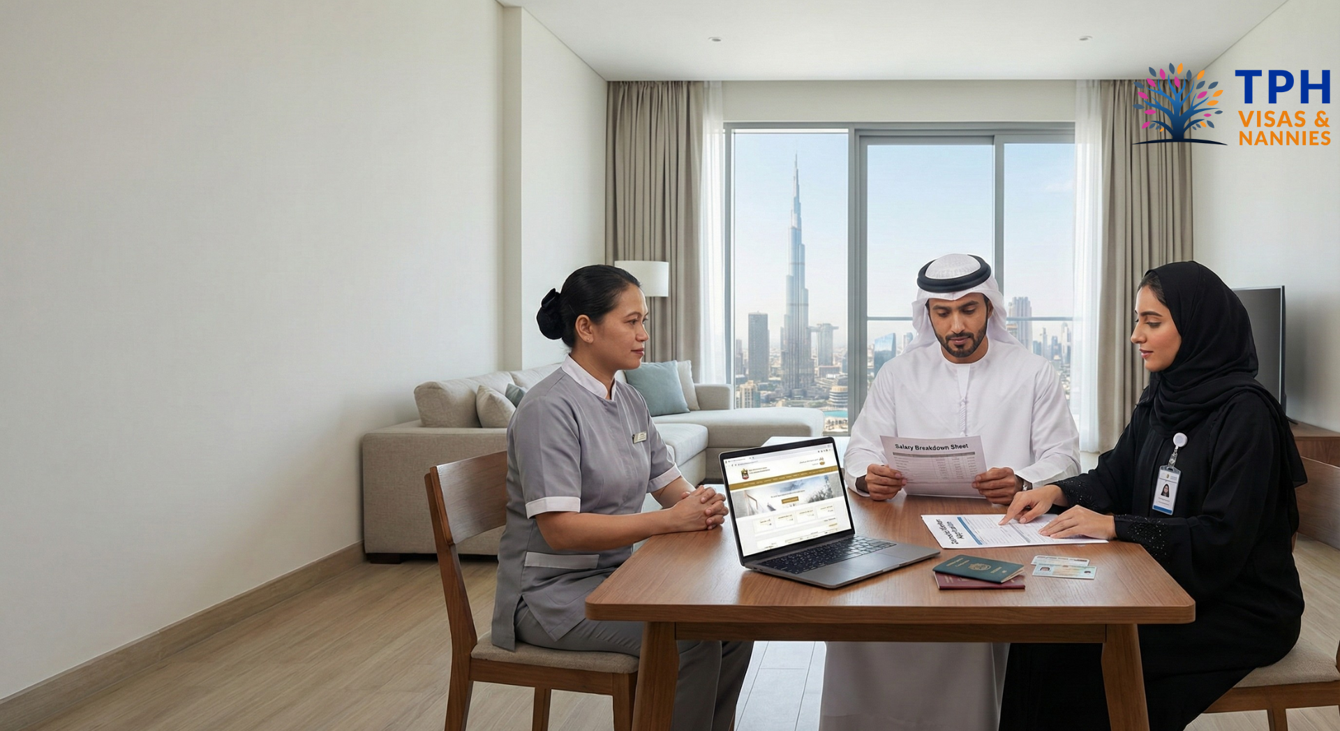 Full time maids in Dubai being hired by a family during a legal sponsorship and salary discussion at home.