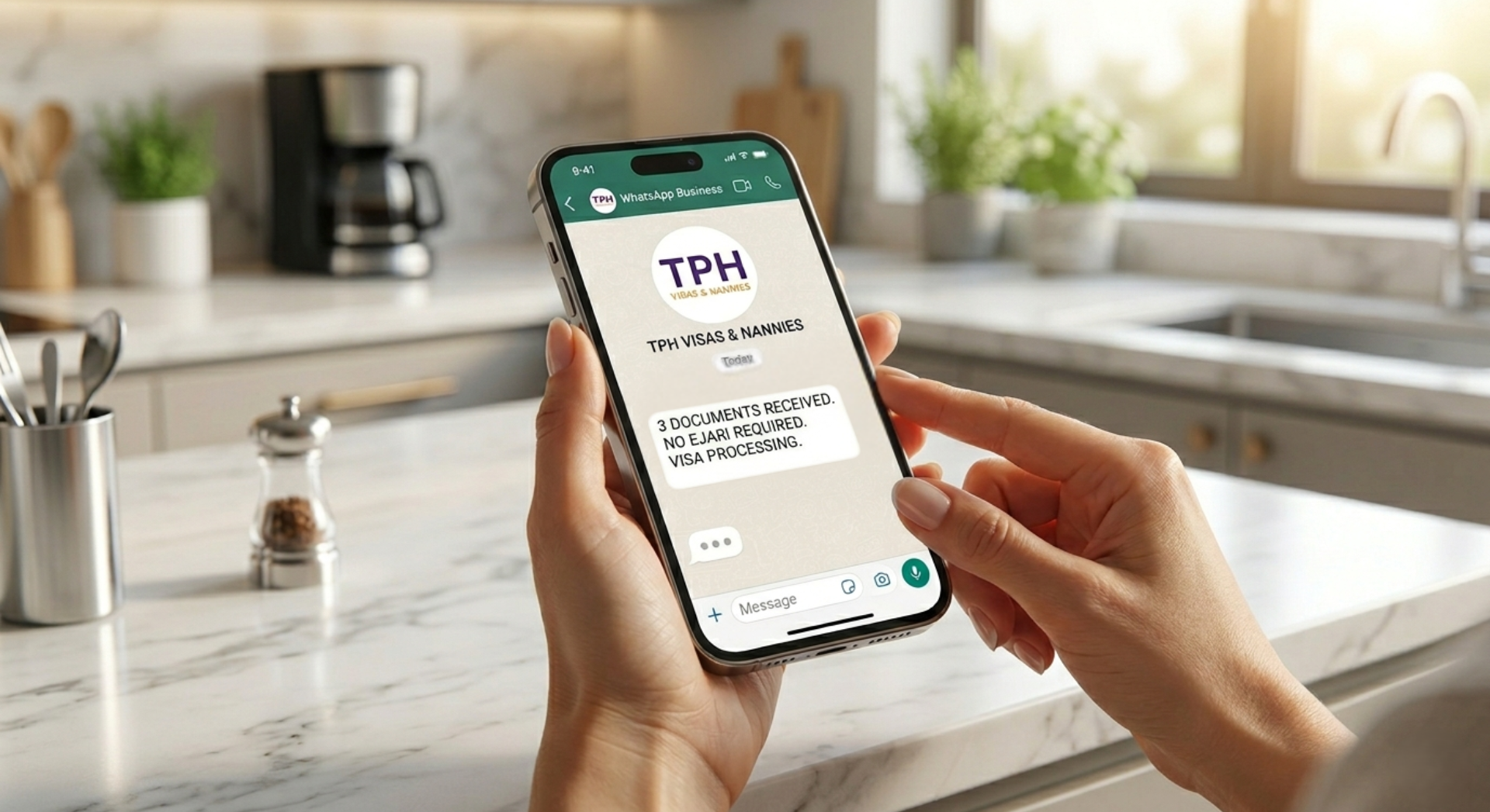 Person using smartphone showing nanny visa Dubai processing via WhatsApp with no Ejari required.