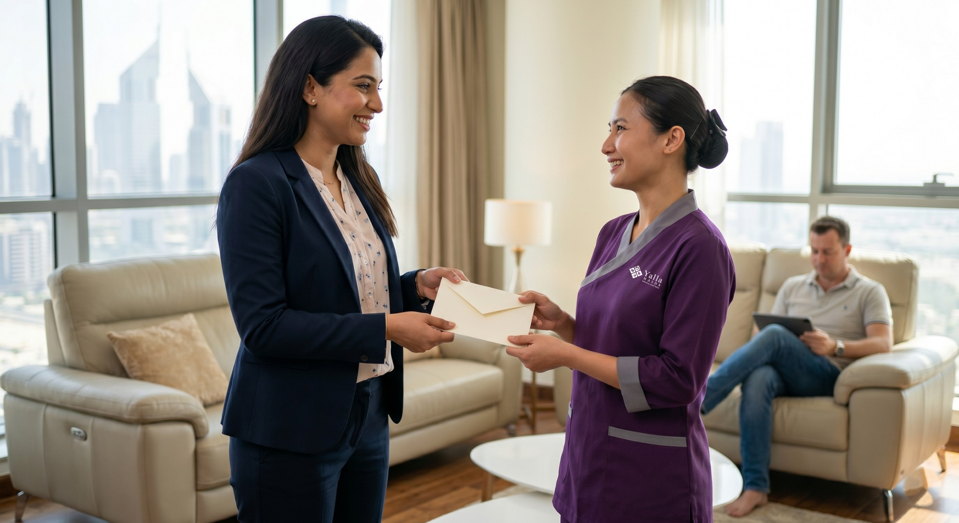 Woman handing travel NOC document to domestic worker for maid visa in Dubai process in a modern home setting