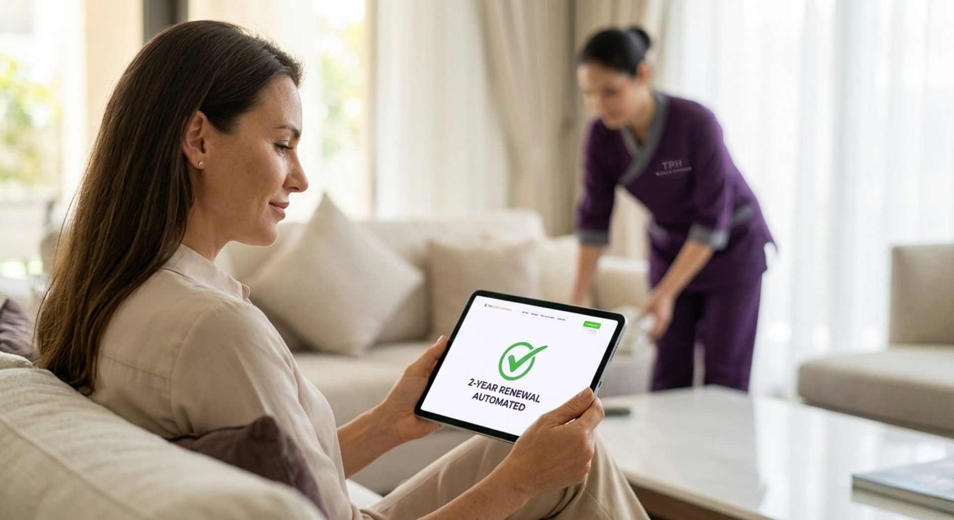 Woman reviewing nanny visa Dubai process on tablet while nanny cleans in background