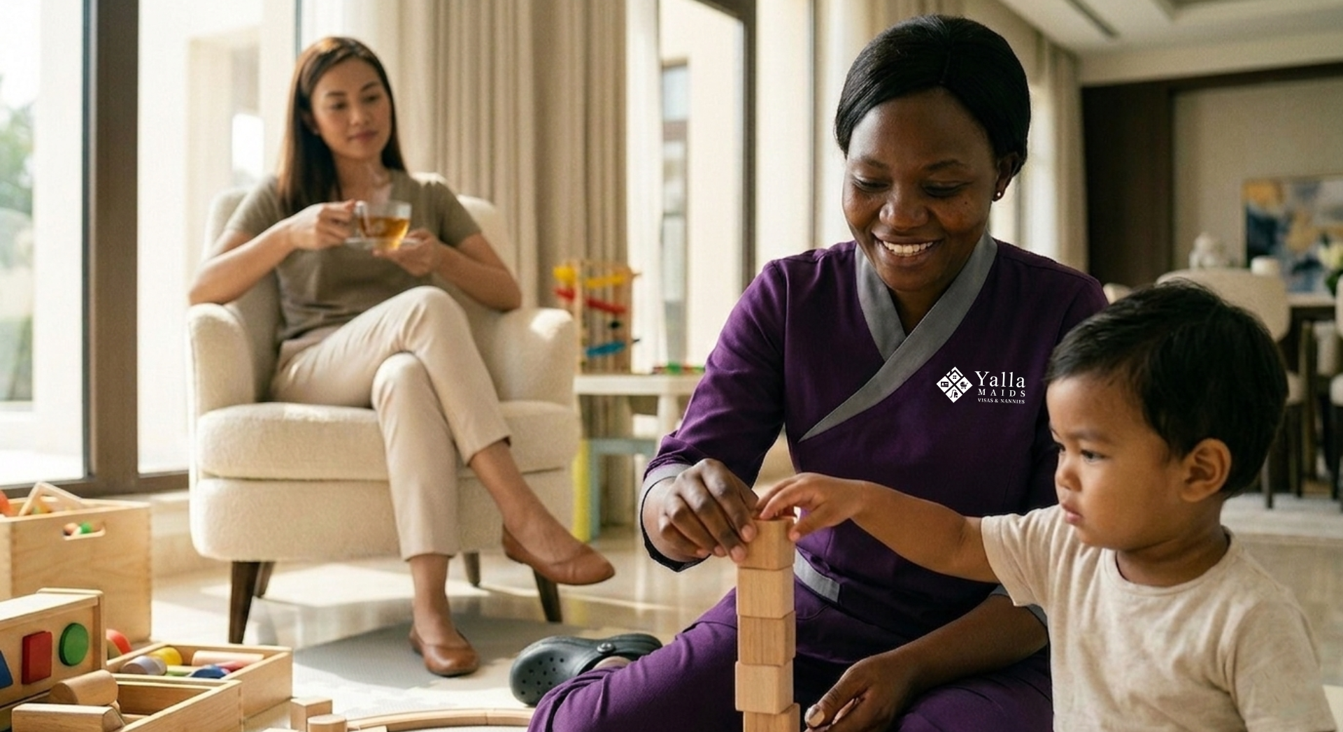 Caregiver playing with a child at home through a maid visa in Dubai.