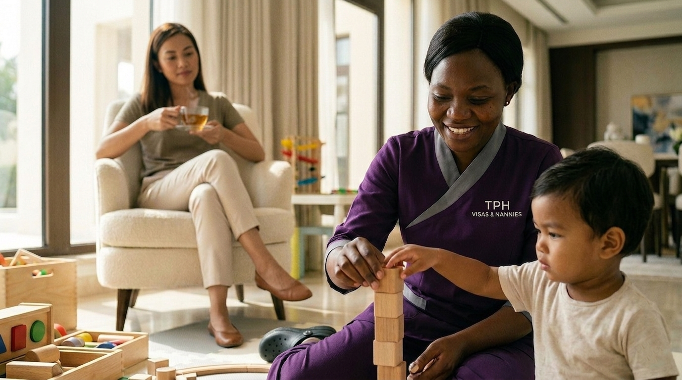 A professional nanny playing with a toddler at home, highlighting services for a maid visa in Dubai