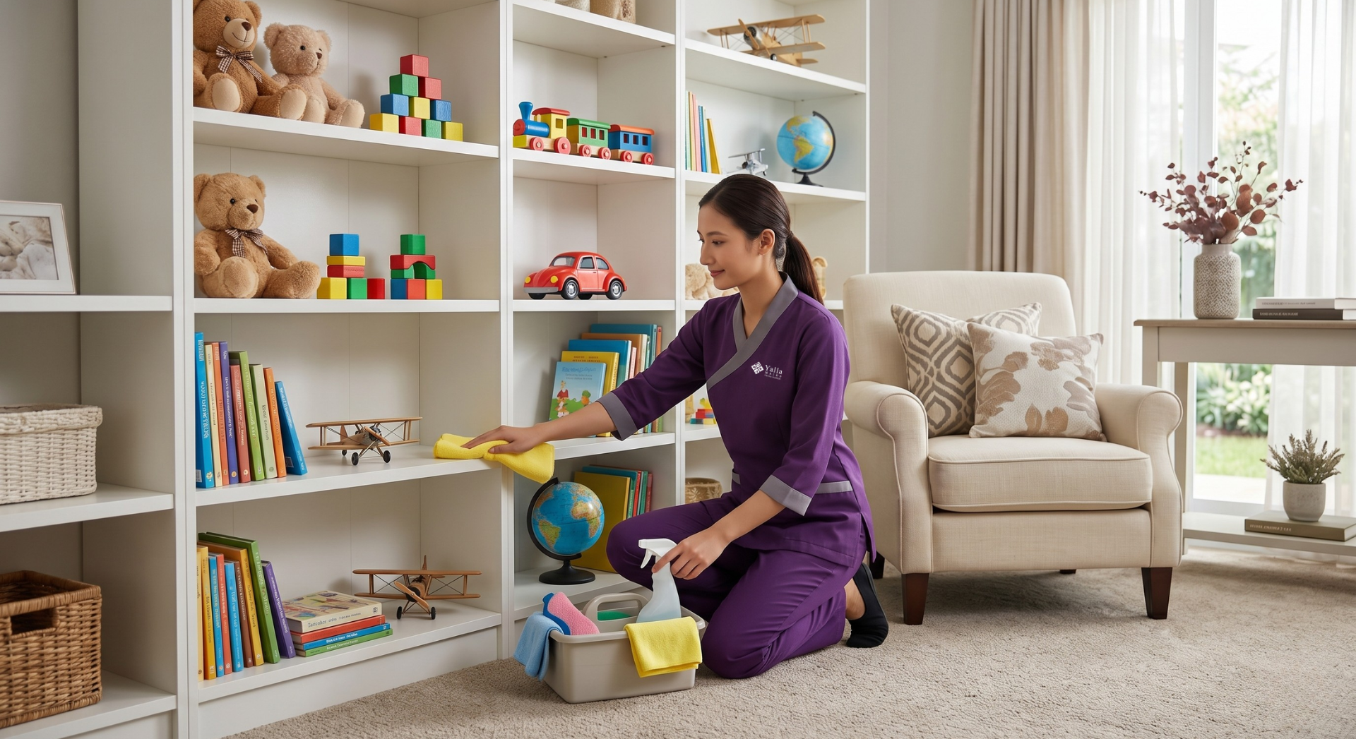 Hire maid Dubai professional cleaning and organizing a children's playroom.