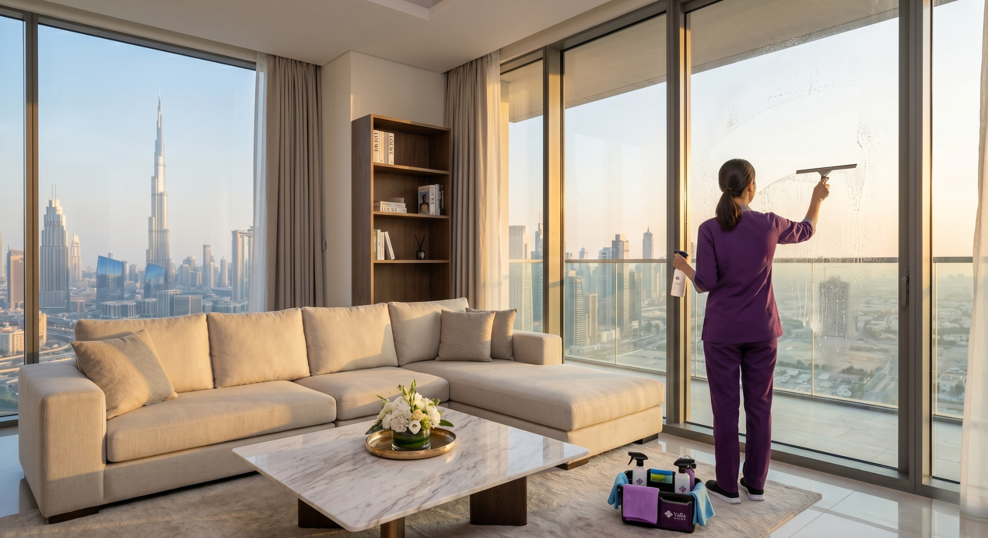 Hire a maid in Dubai cleaning floor-to-ceiling windows in a modern apartment with a Burj Khalifa skyline view.