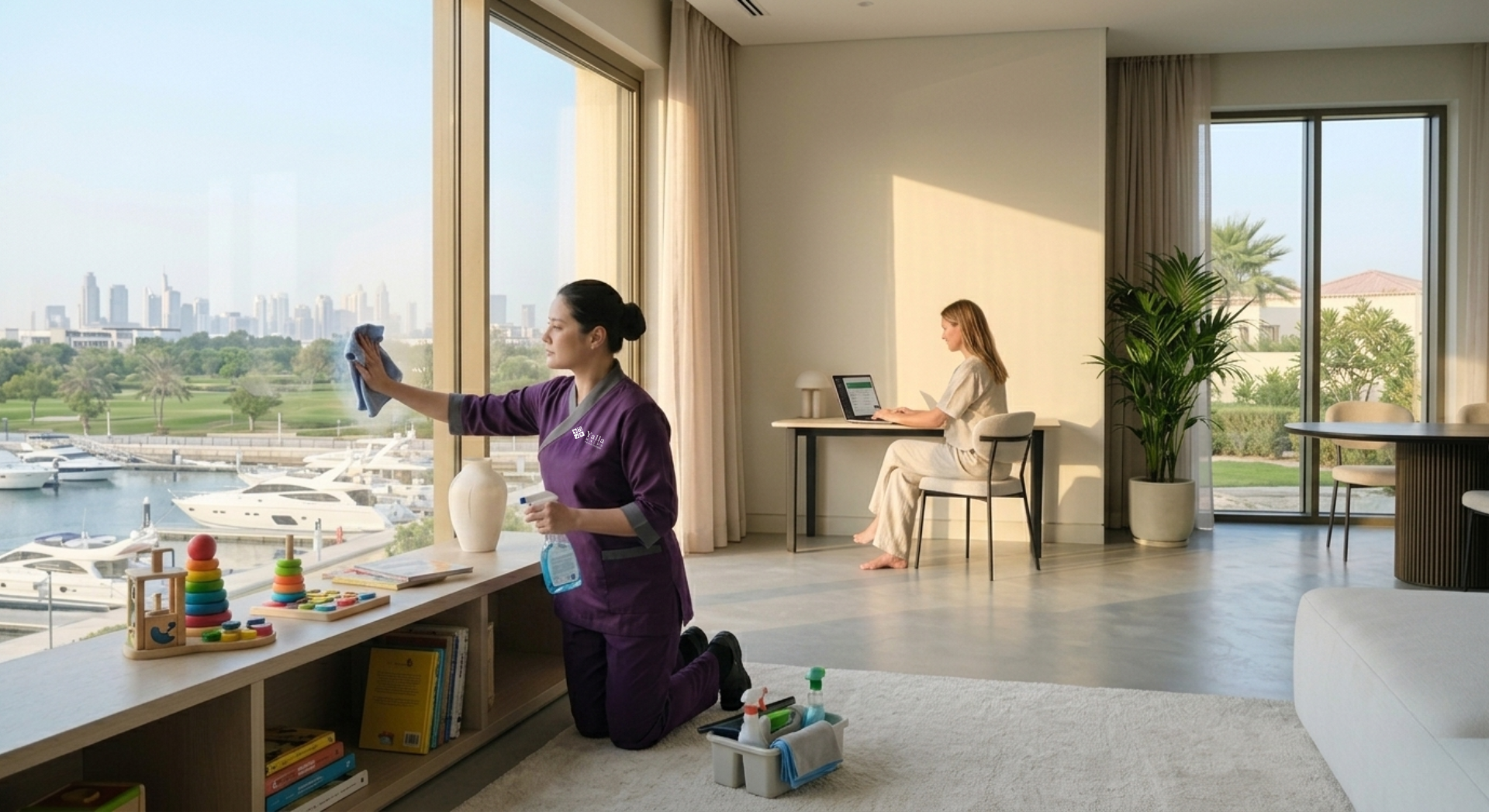Hire a maid in Dubai cleaning a luxury waterfront home while the homeowner works remotely.