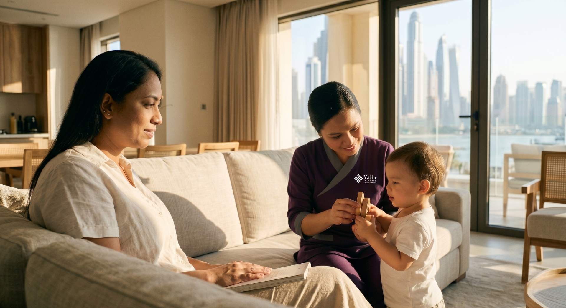 Hire a nanny to care for a toddler in a modern apartment while the mother relaxes nearby.