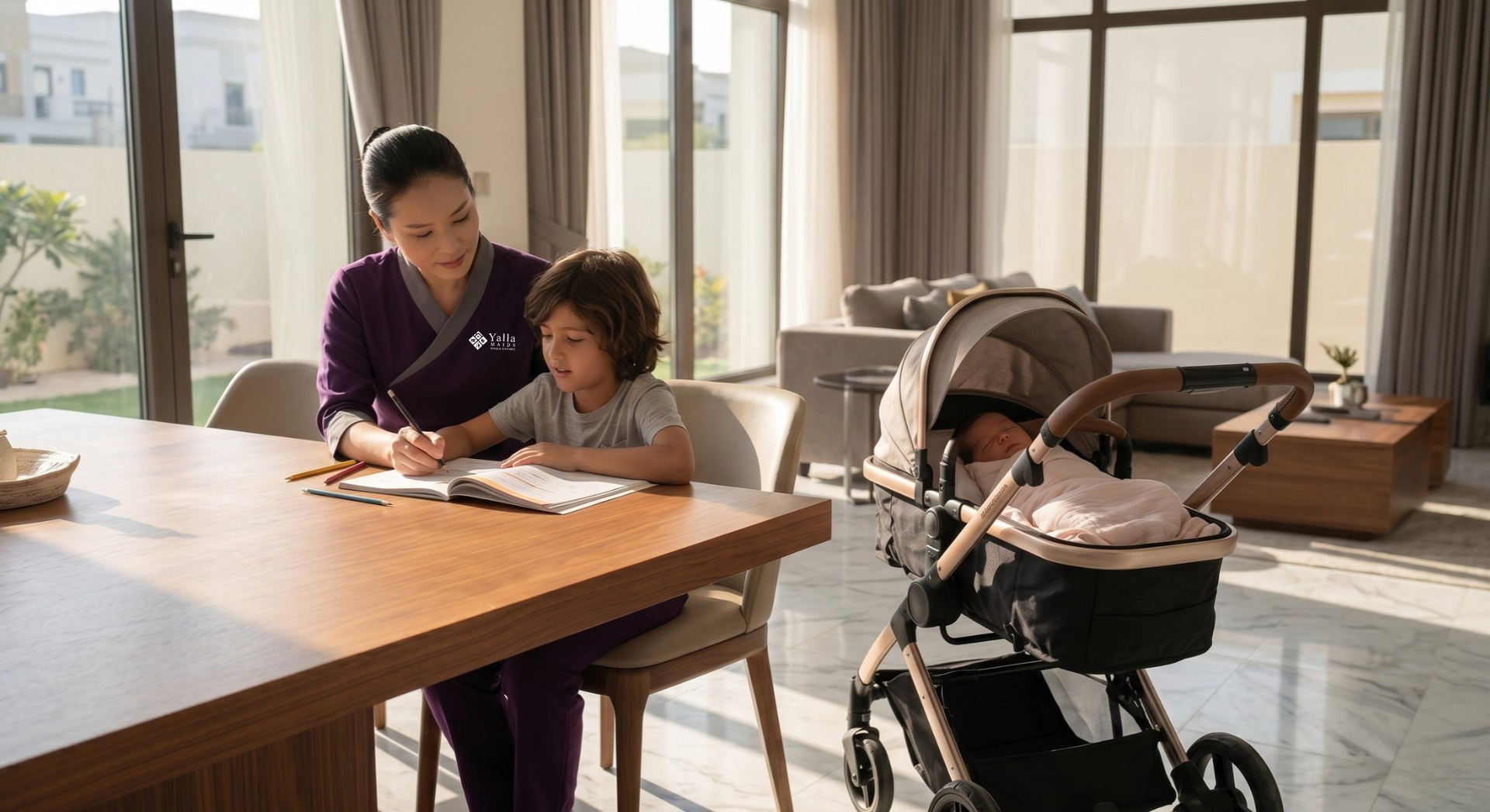 Professional nanny in Dubai helping a child while caring for a baby.