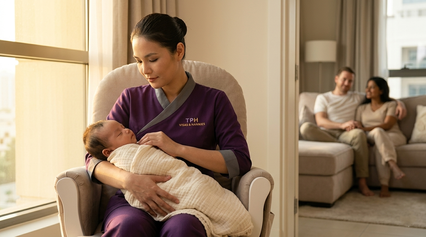 Nanny in Dubai holding a newborn baby while parents relax nearby