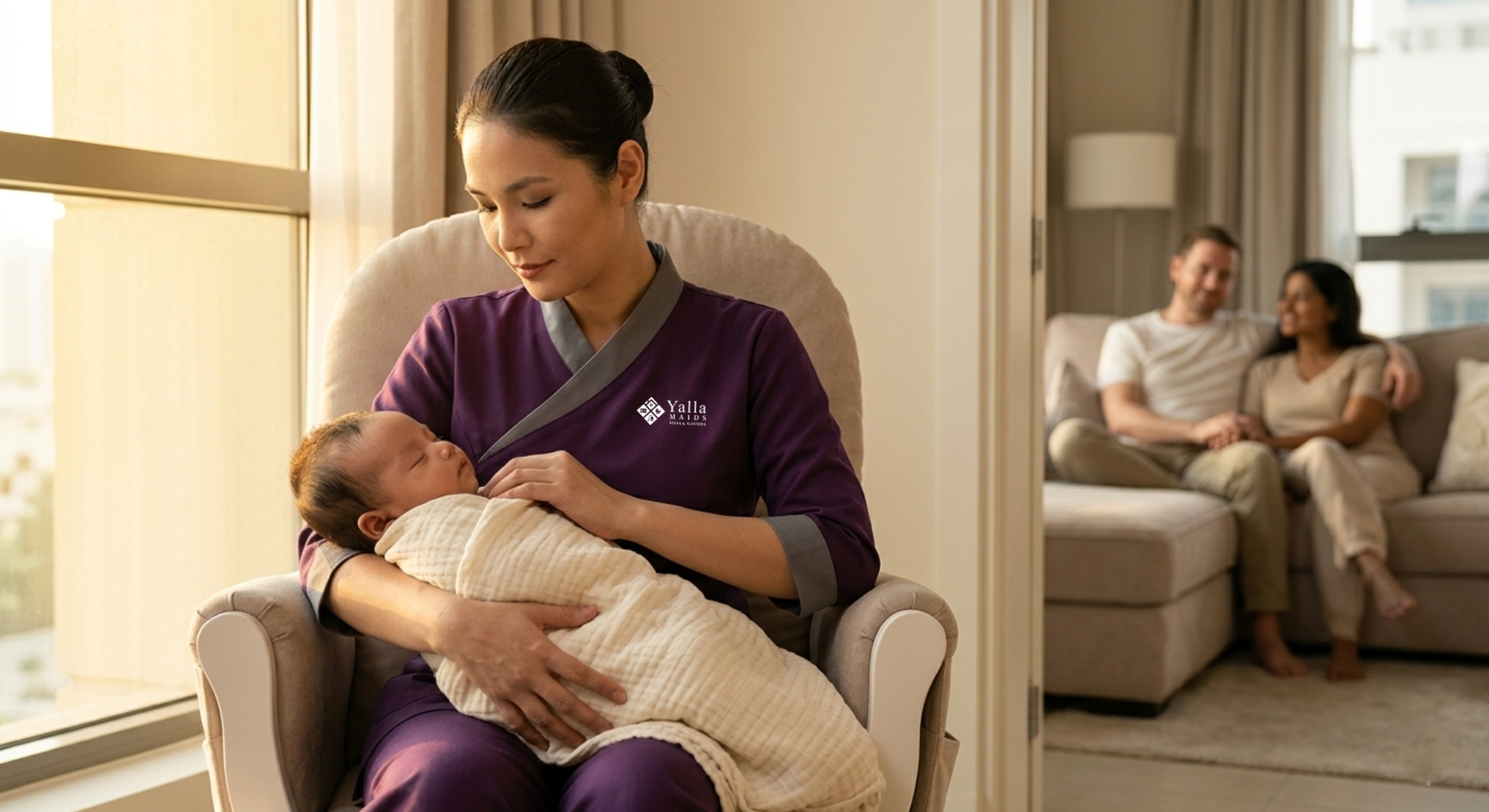 Nanny in Dubai holding a newborn baby while parents relax nearby