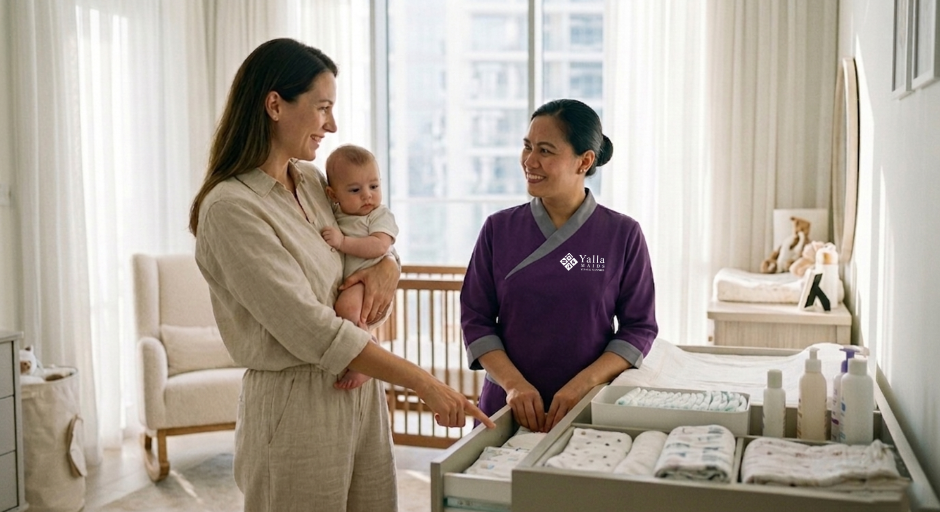 Mother with infant discussing care routine with a nanny in Dubai at home