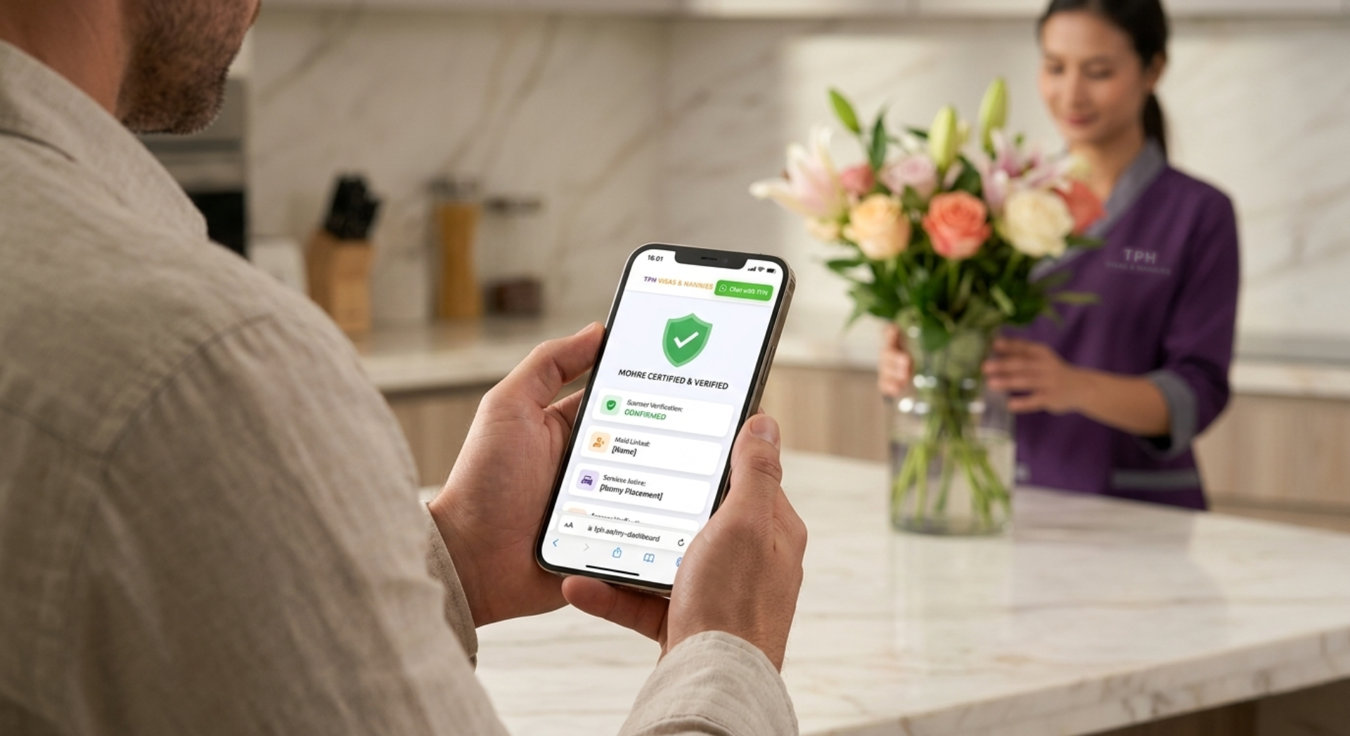 Man checking MOHRE verification on phone while hiring through a housemaid agency in Dubai