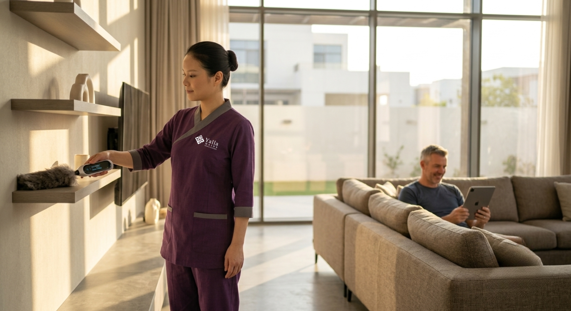 Maid visa applicant cleaning a modern home in Sharjah through Yalla Maids