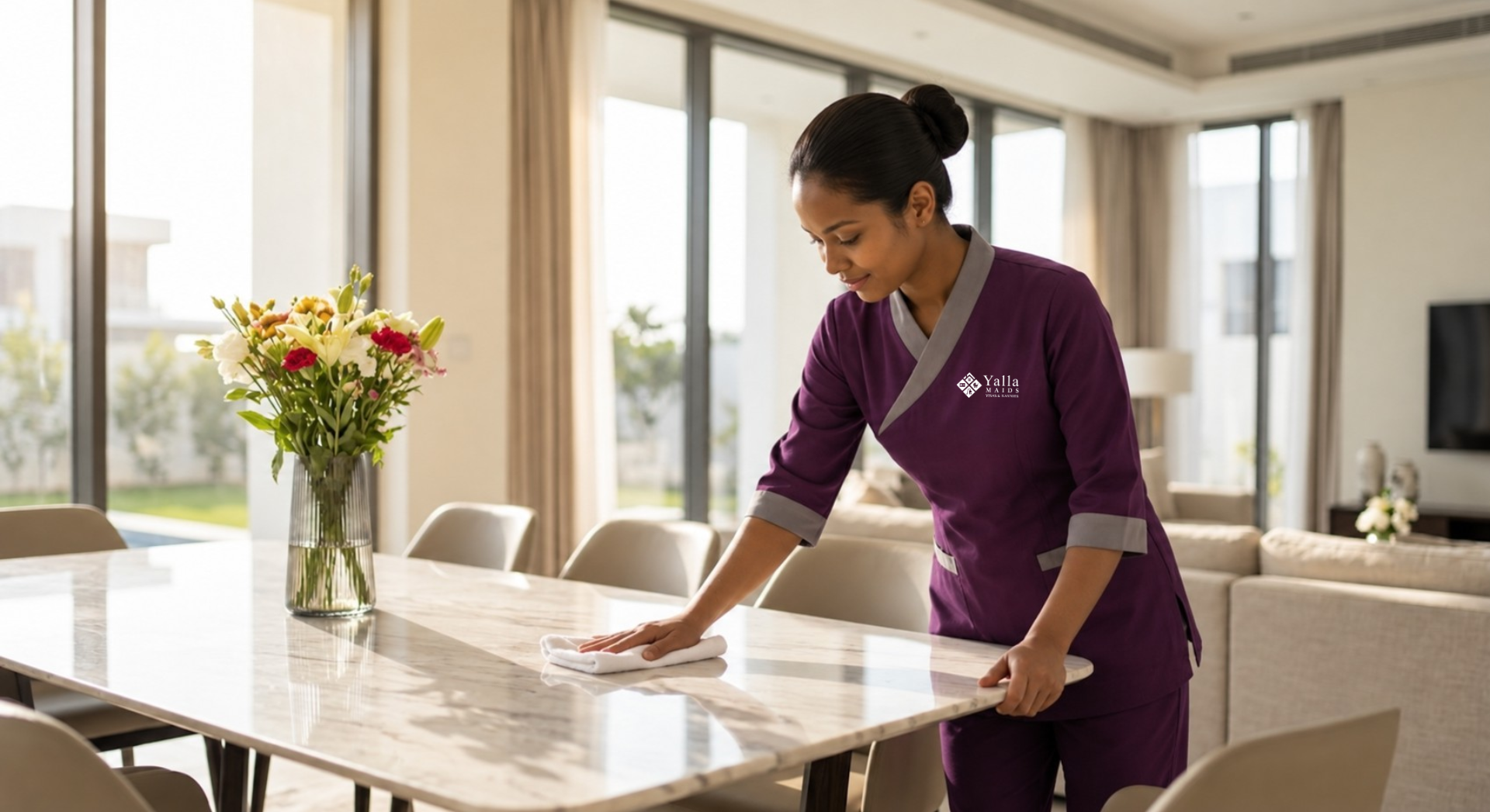Maid in Dubai cleaning a marble dining table in a modern luxury home.