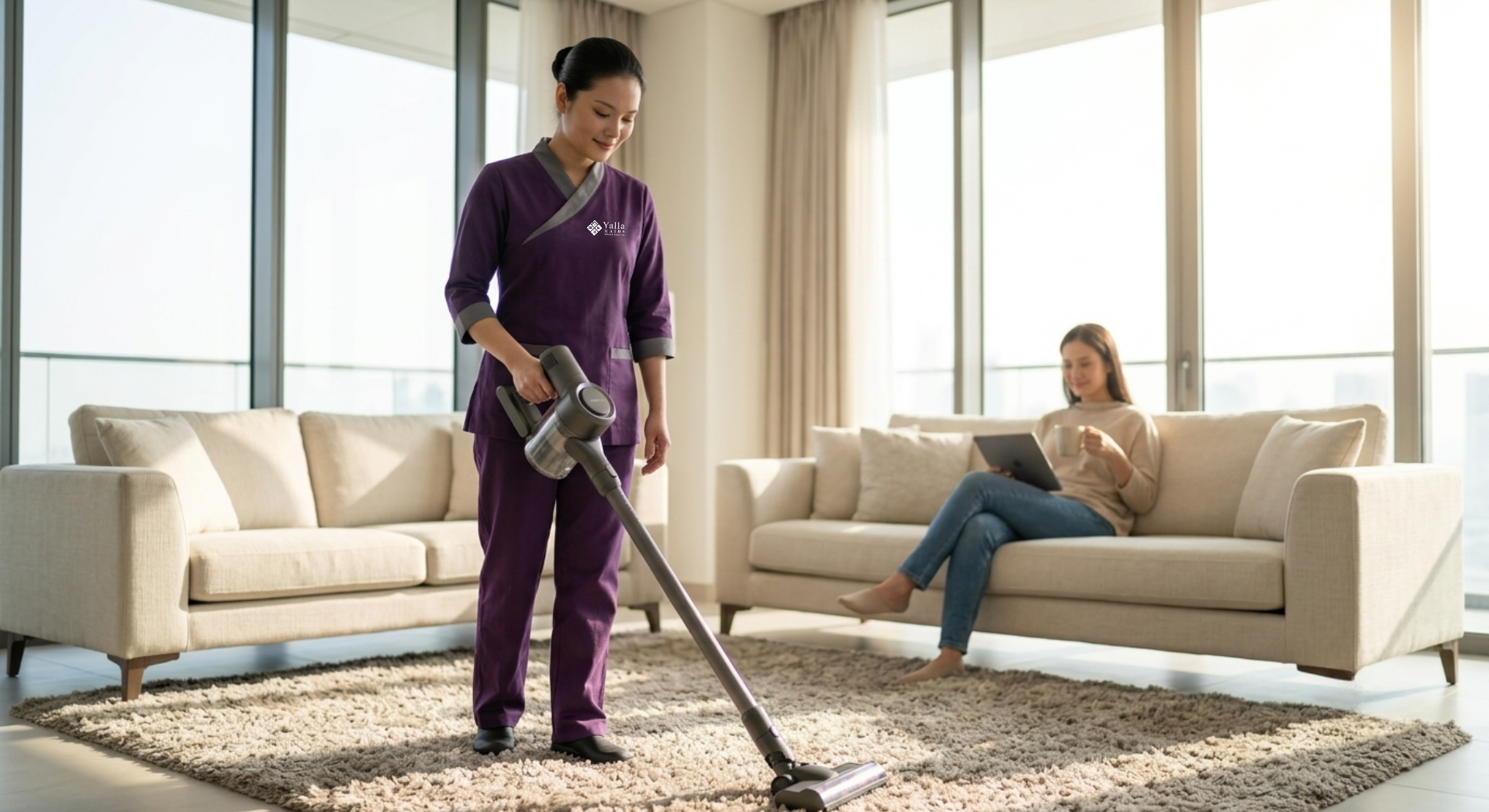 Live in maid Dubai vacuuming a living room while the homeowner relaxes on the sofa.