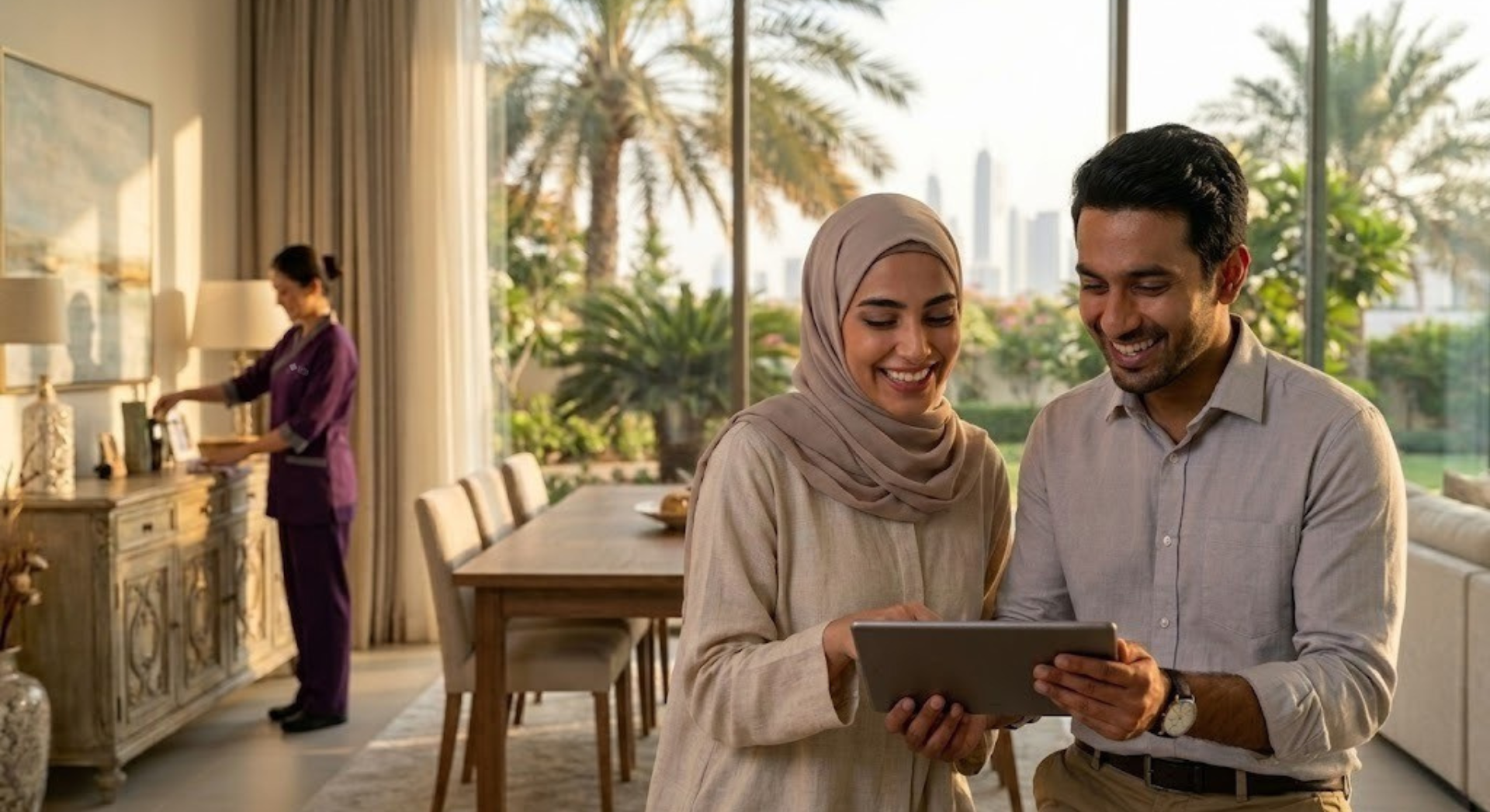 An Abu Dhabi couple uses a tablet to hire a maid in Dubai for their household.