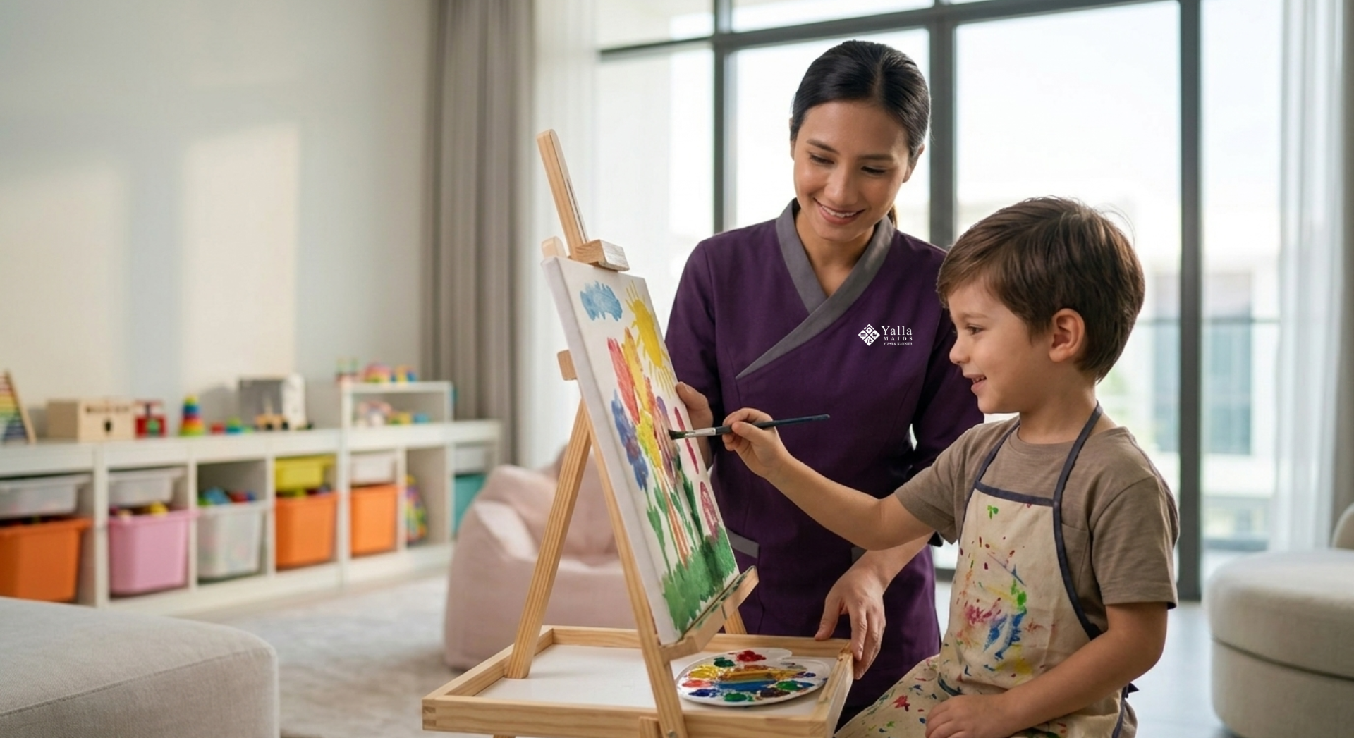 Nanny visa in Abu Dhabi: nanny helping a child paint during a creative activity at home.