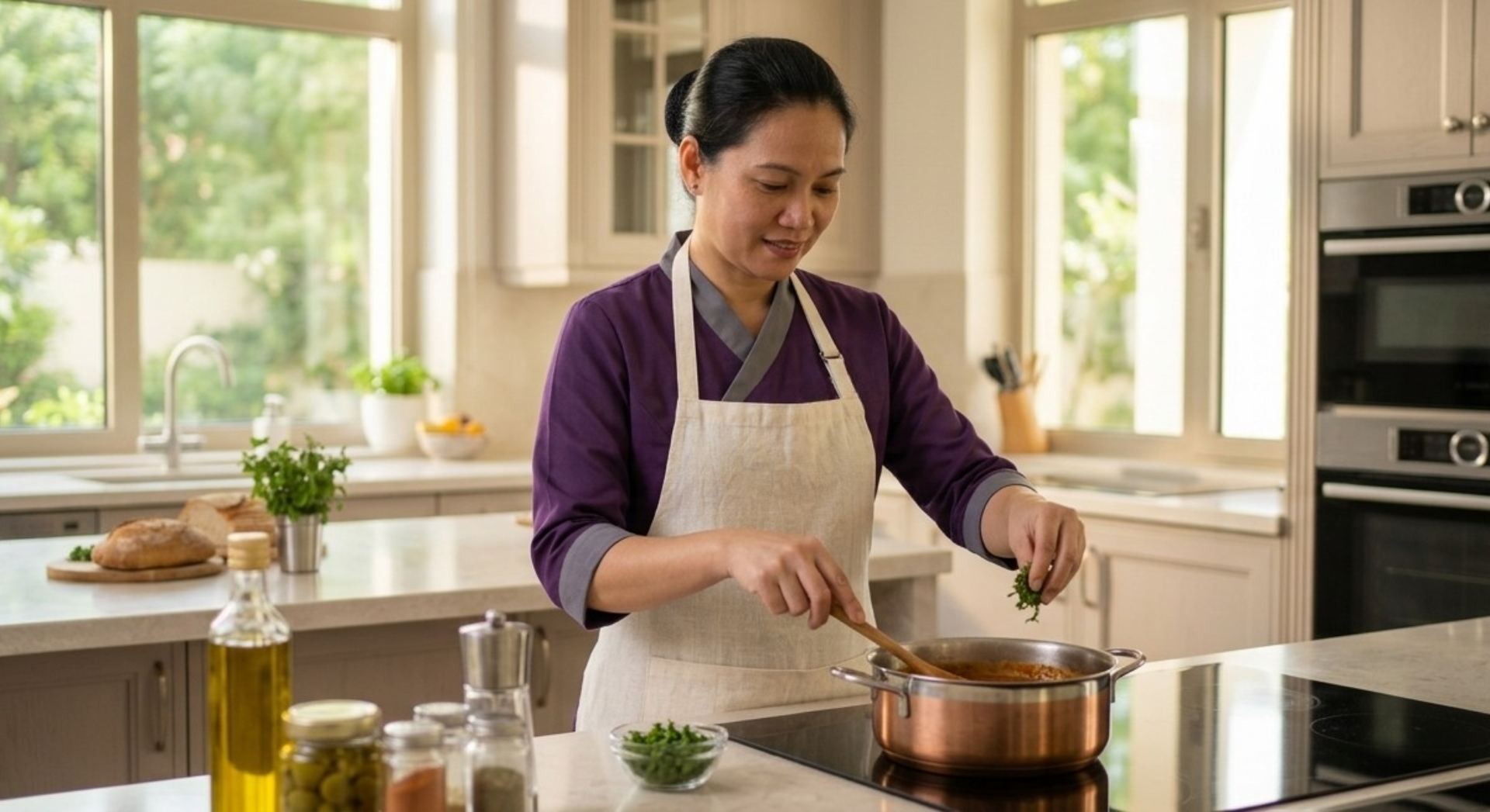 Live in maid preparing a meal in a modern Sharjah family kitchen.