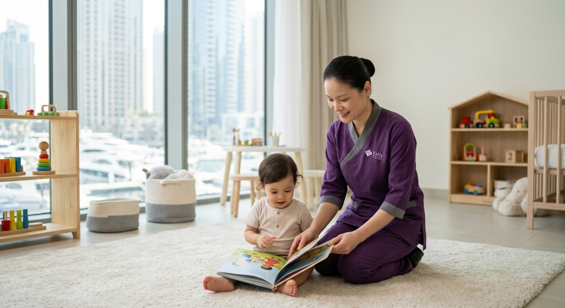 Hire a nanny in Dubai reading a storybook with a toddler in a modern family home.
