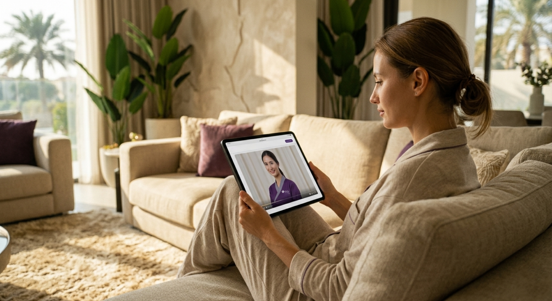A mother sits on a sofa reviewing a nanny candidate video profile on her tablet to hire a nanny in Dubai.