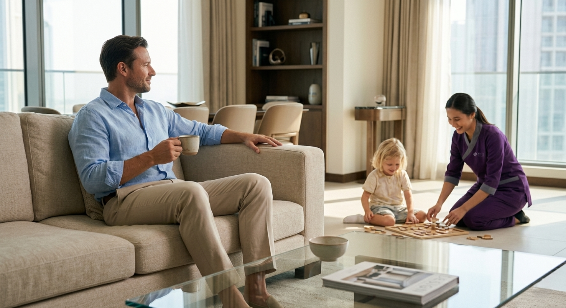 Maid visa in Dubai caregiver playing with child while employer relaxes at home