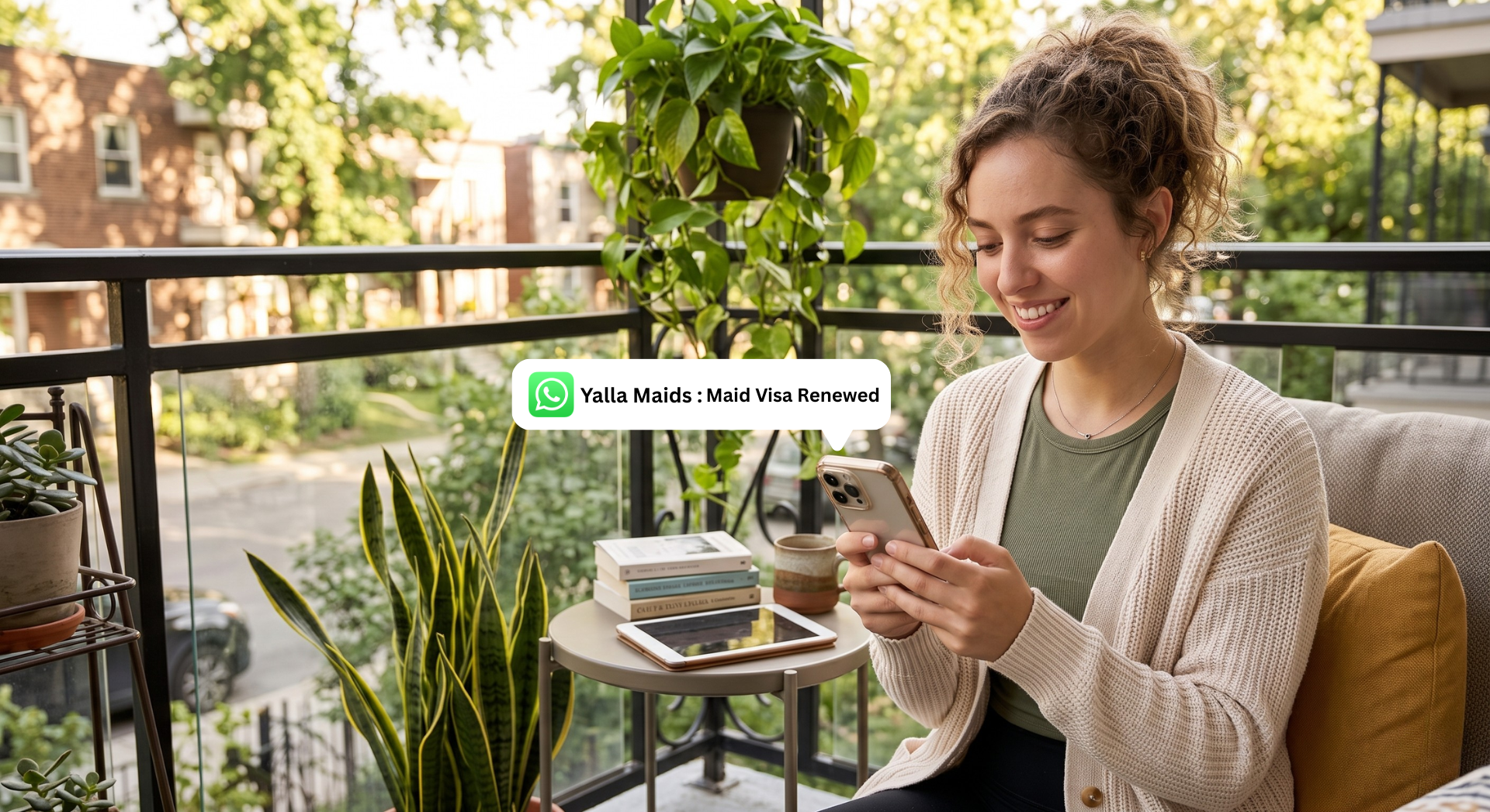 Maid visa Dubai renewal confirmation received on a smartphone via WhatsApp.