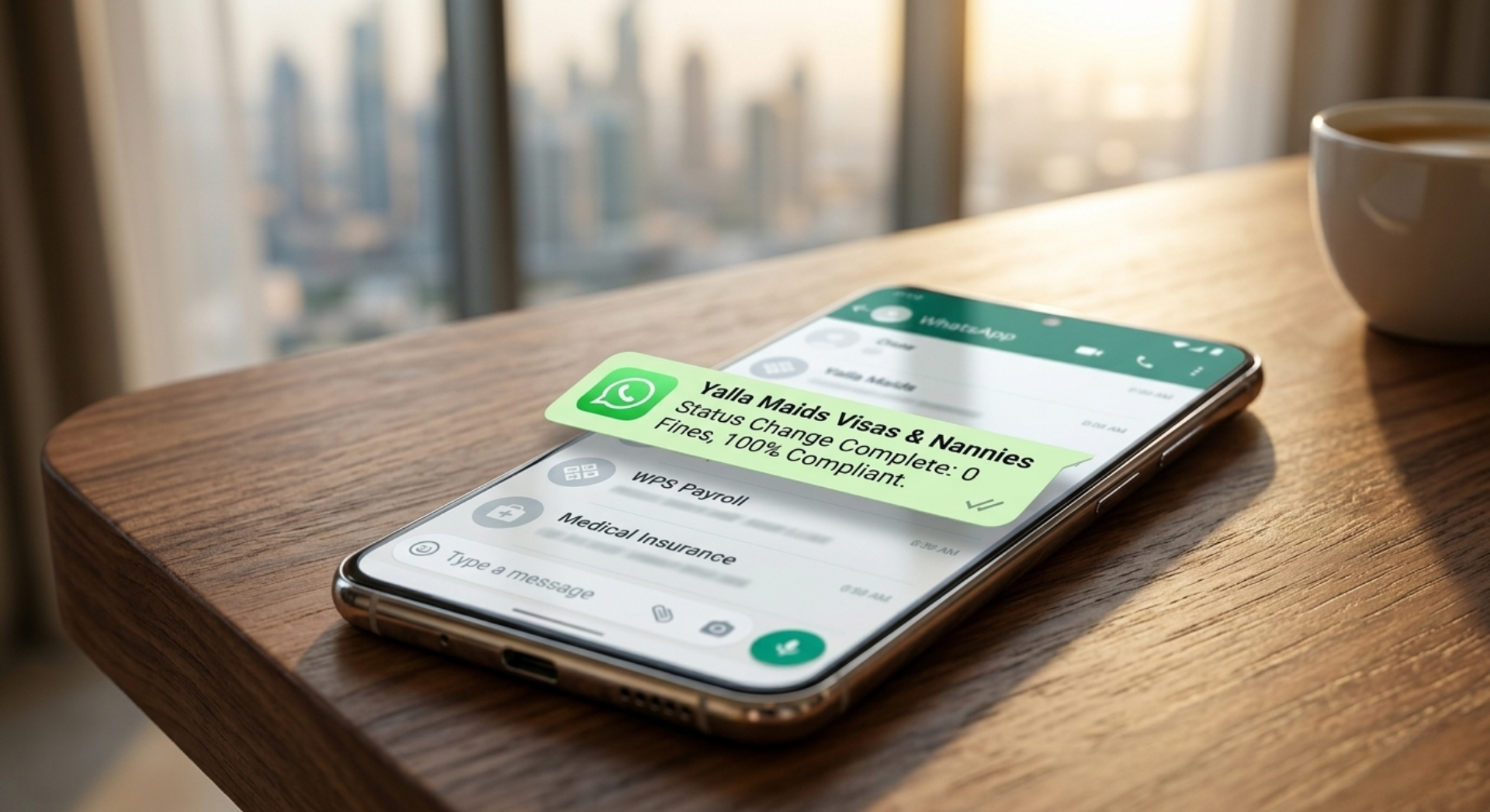 Maid visa cancellation process in Dubai shown on a smartphone with visa status update notification.