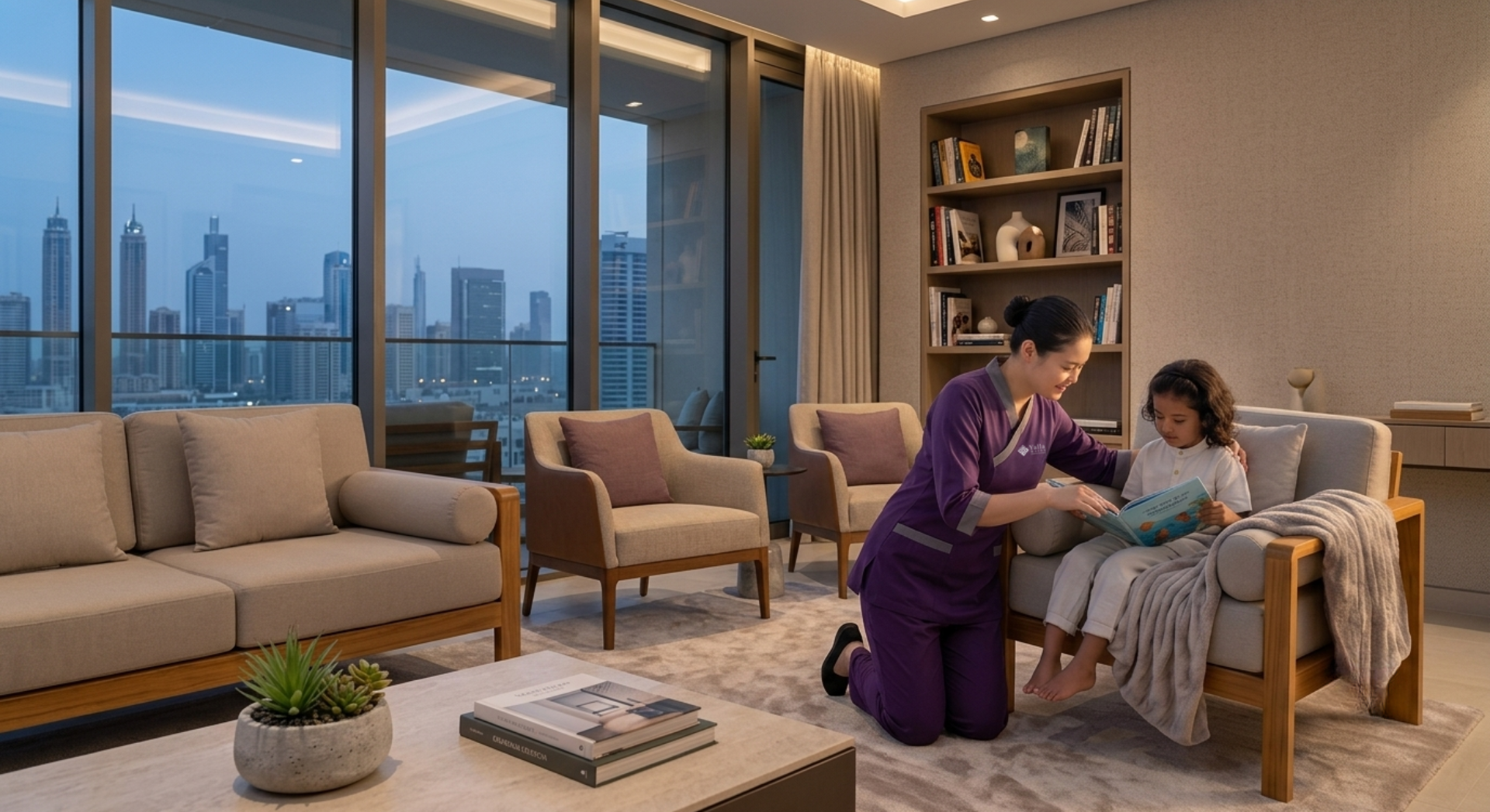 Live out nanny Dubai reading a book with a child in a modern Dubai home.