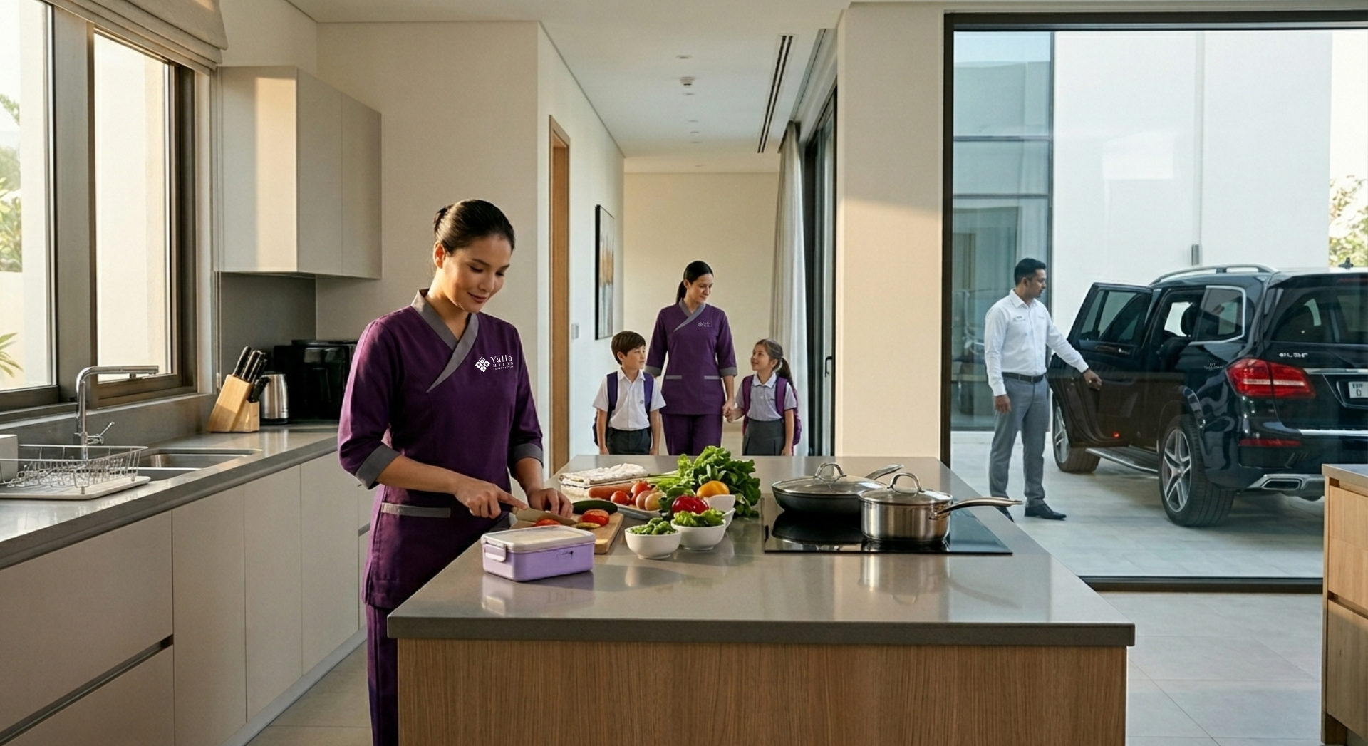 A multi-staff household featuring a nanny with children, a driver, and a professional who can help you hire a maid in Dubai.