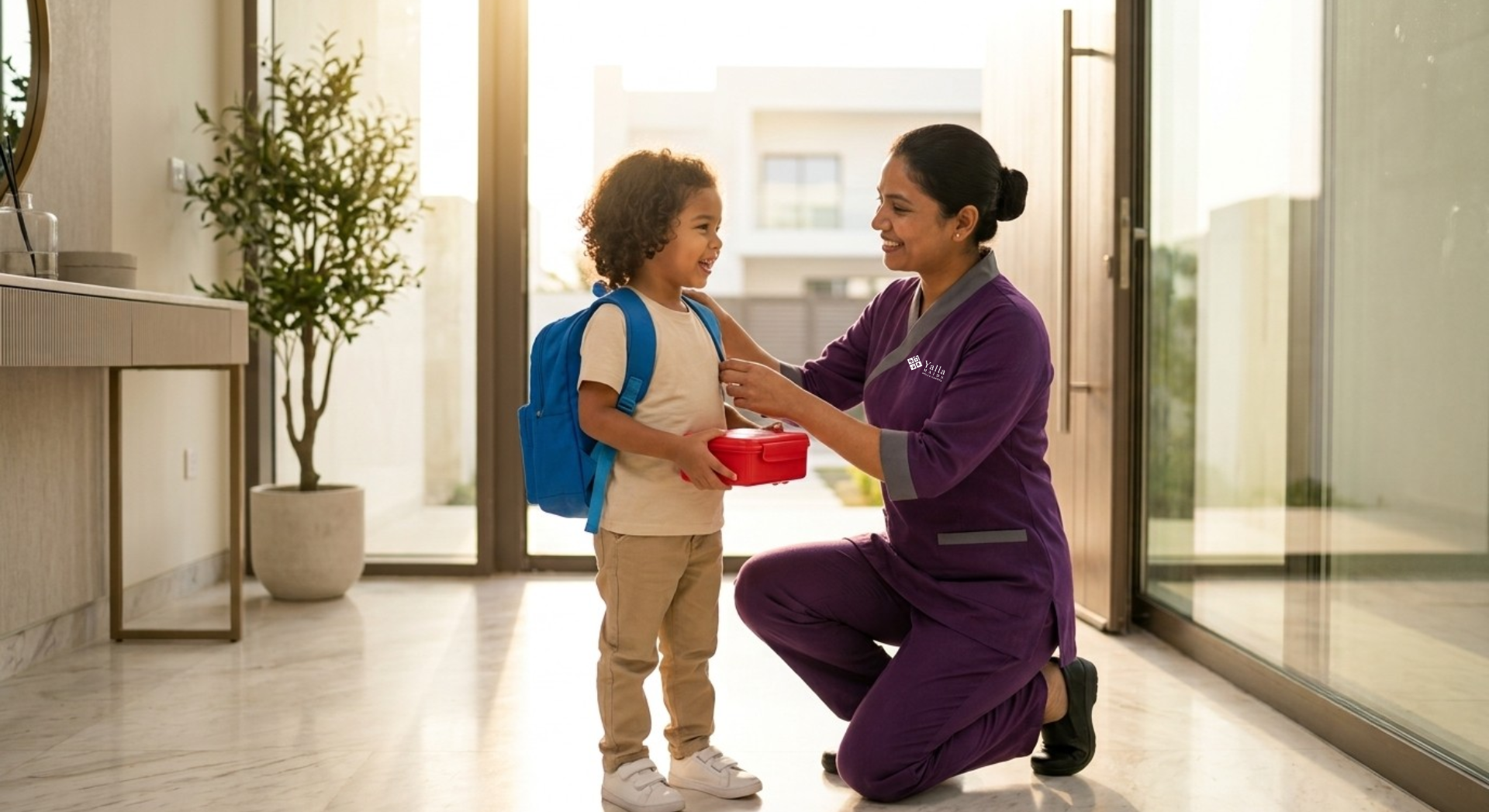Nanny visa Dubai childcare with a nanny helping a child.