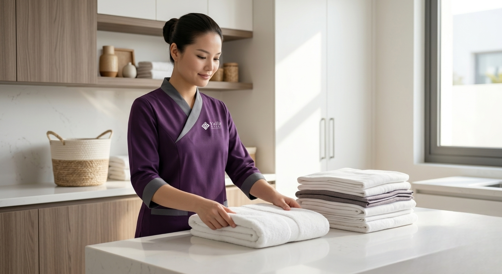 Maid visa cancellation in Dubai with a maid folding towels.